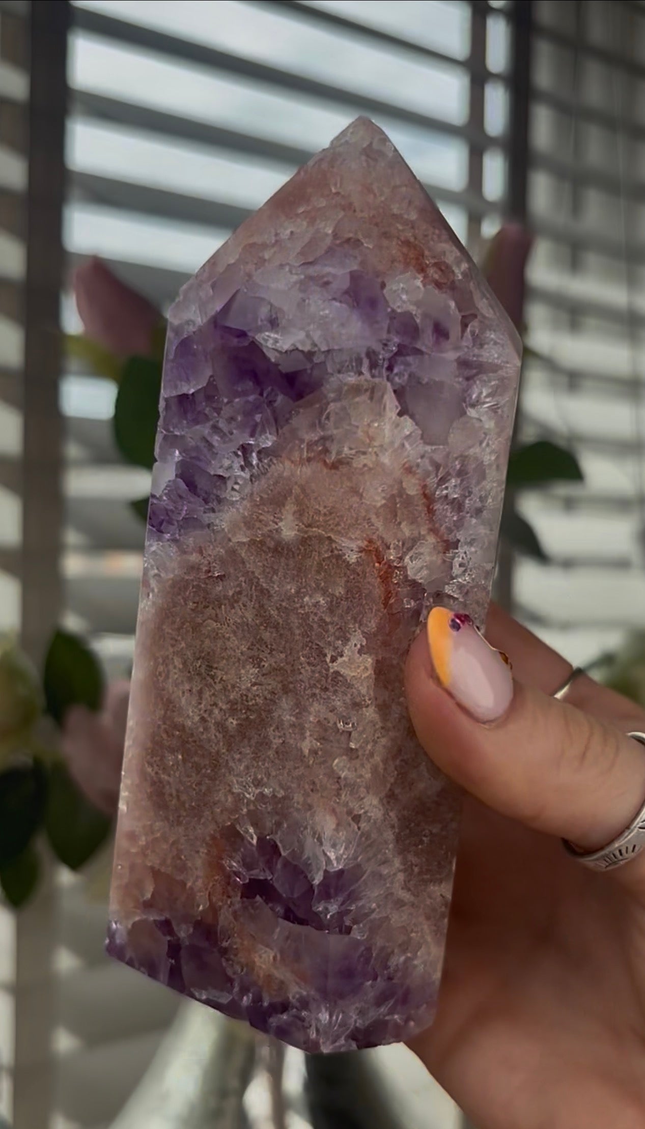 Beautiful, large, high quality, Pink amethyst tower with purple quartz