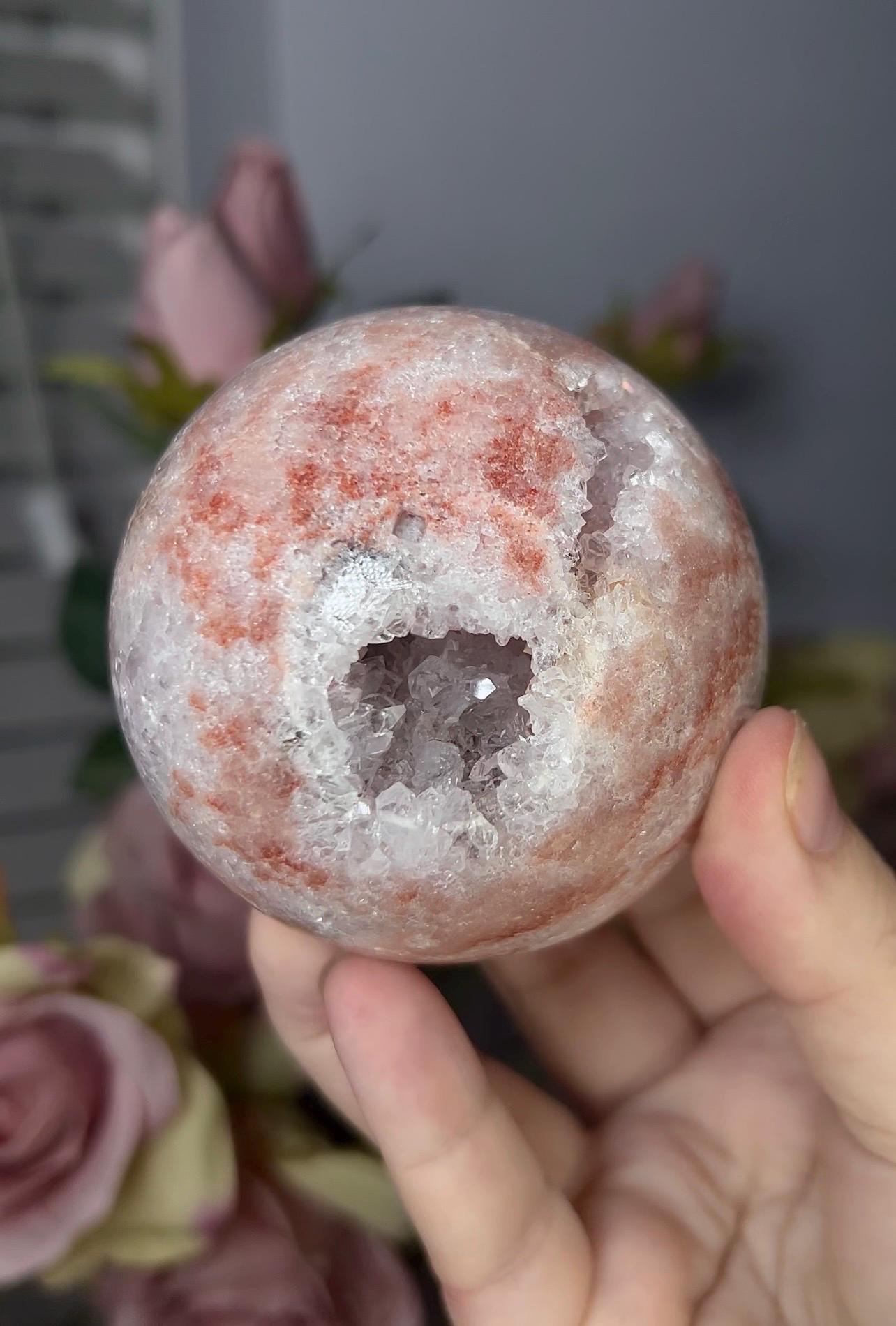 High grade, pink amethyst sphere with quartz 555g