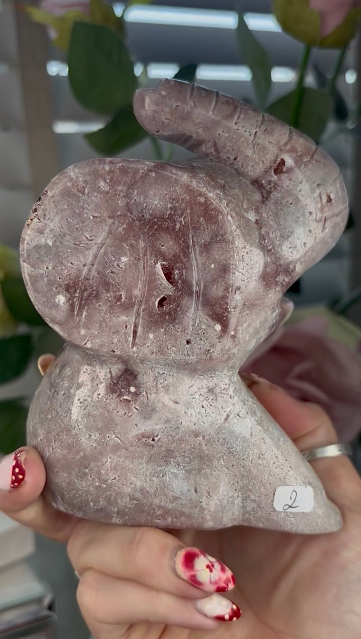 High grade, large, pink amethyst elephant carving