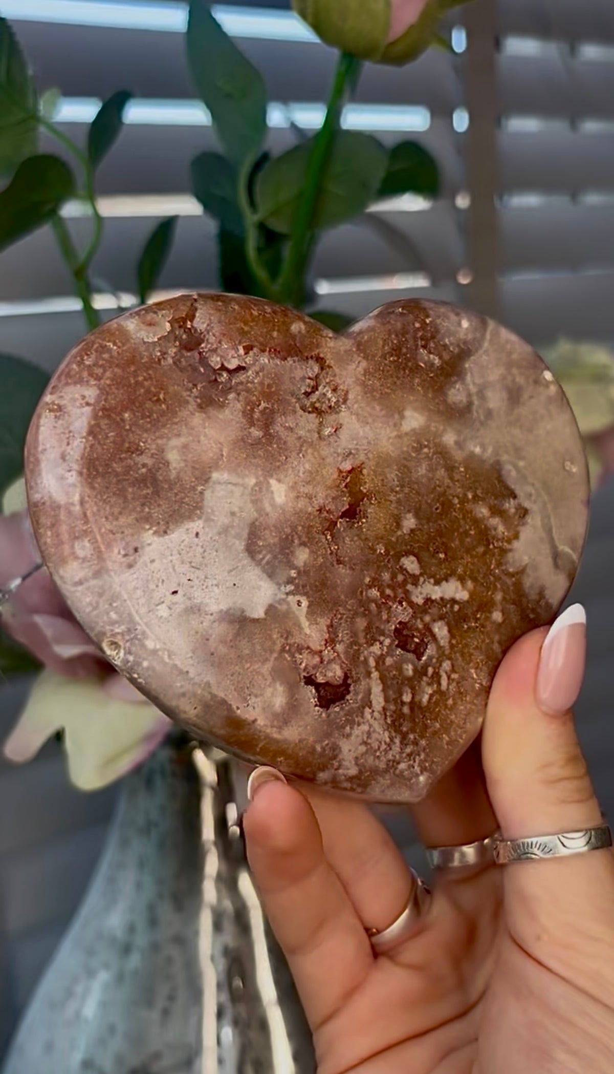 Gorgeous, pink amethyst heart- comes with stand