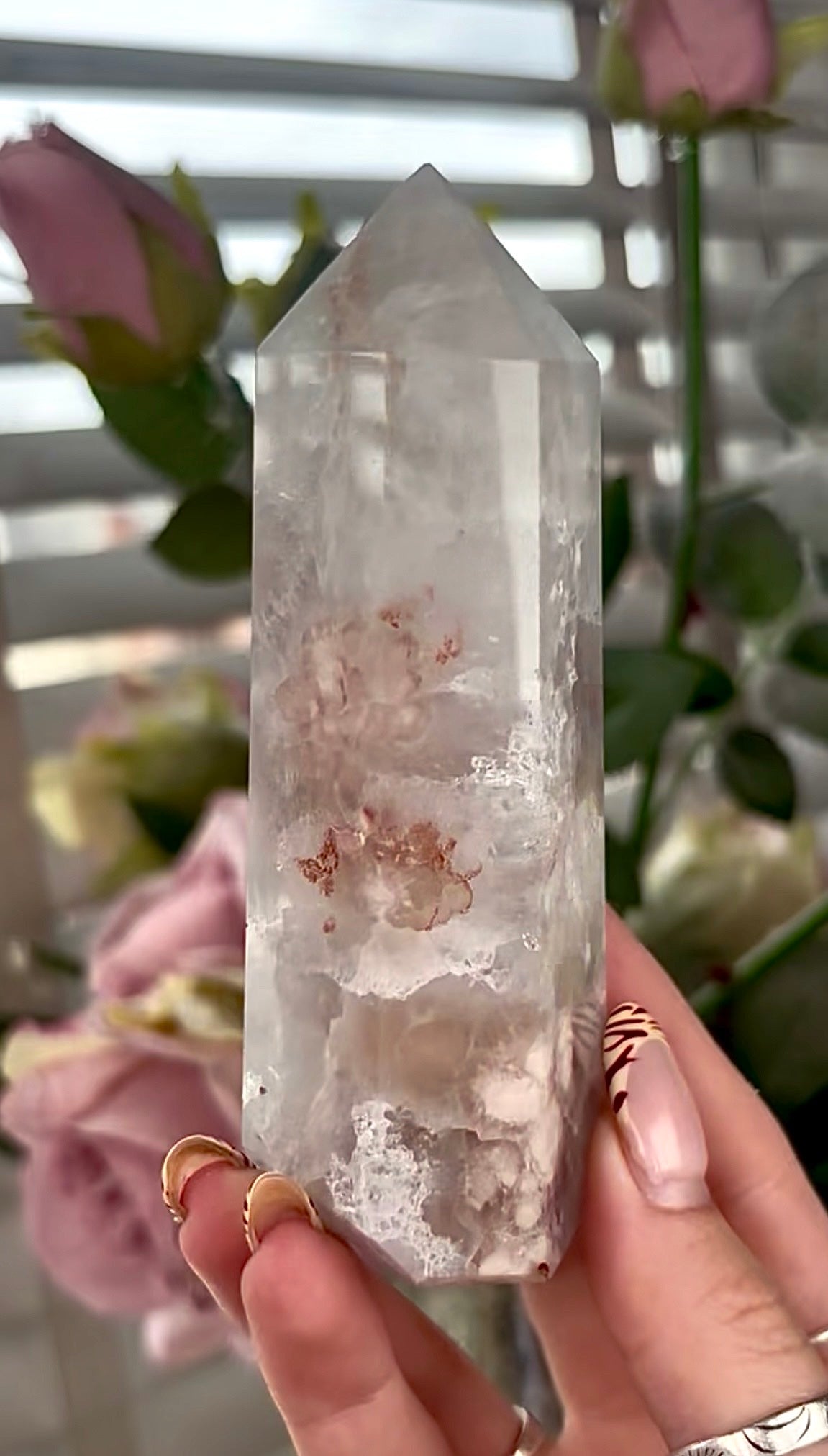 Stunning!! Super high quality, Druzy, green chlorite x blue flower agate tower