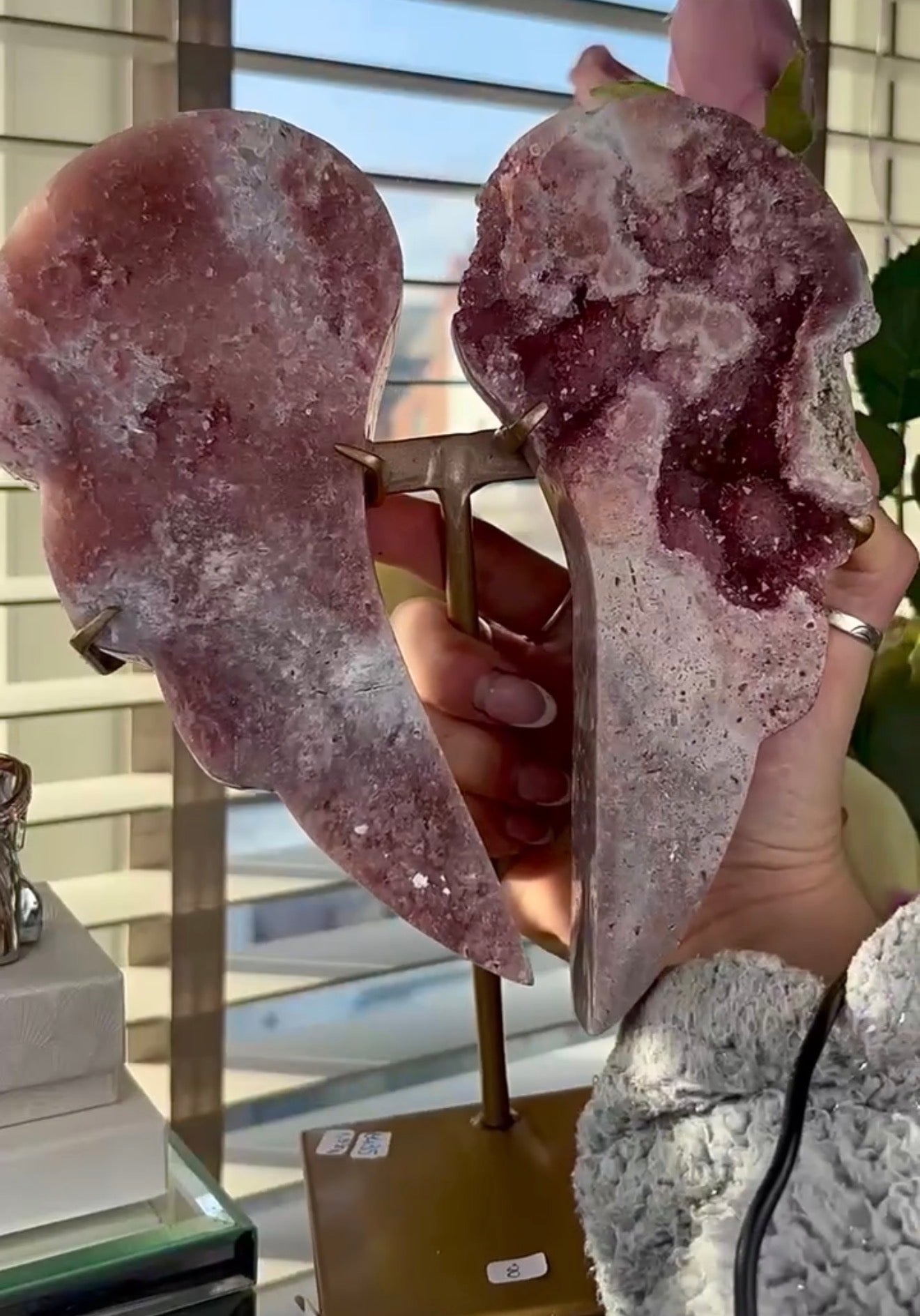 High quality, pink amethyst wings in reddish/deep pink tone - comes with stand