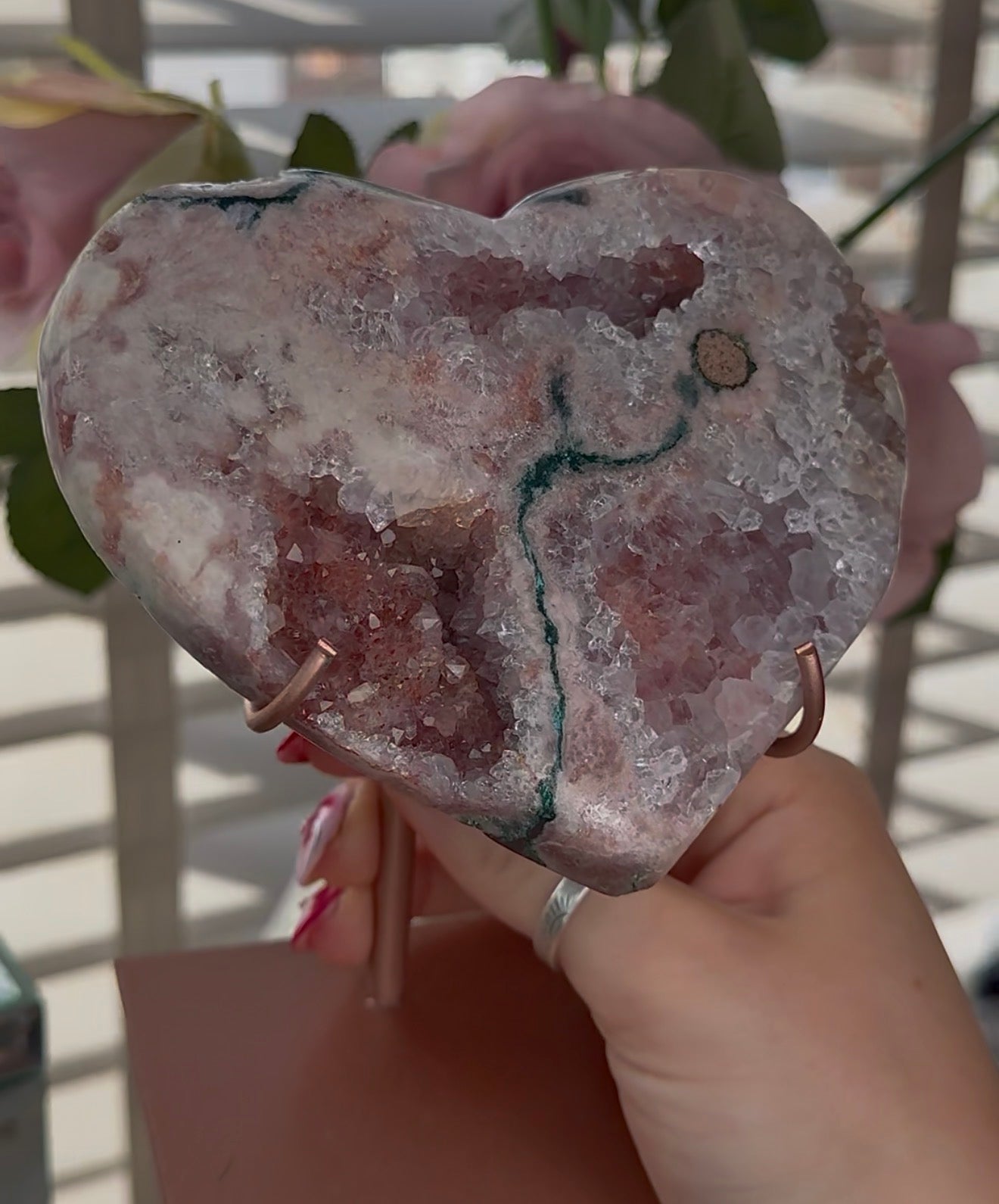 Hq pink amethyst heart with Jasper - comes with stand