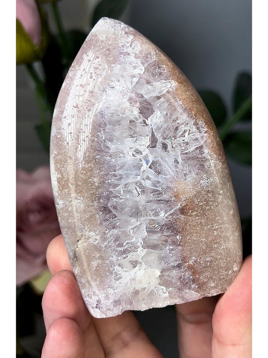 High grade, pink amethyst flame with rainbow quartz