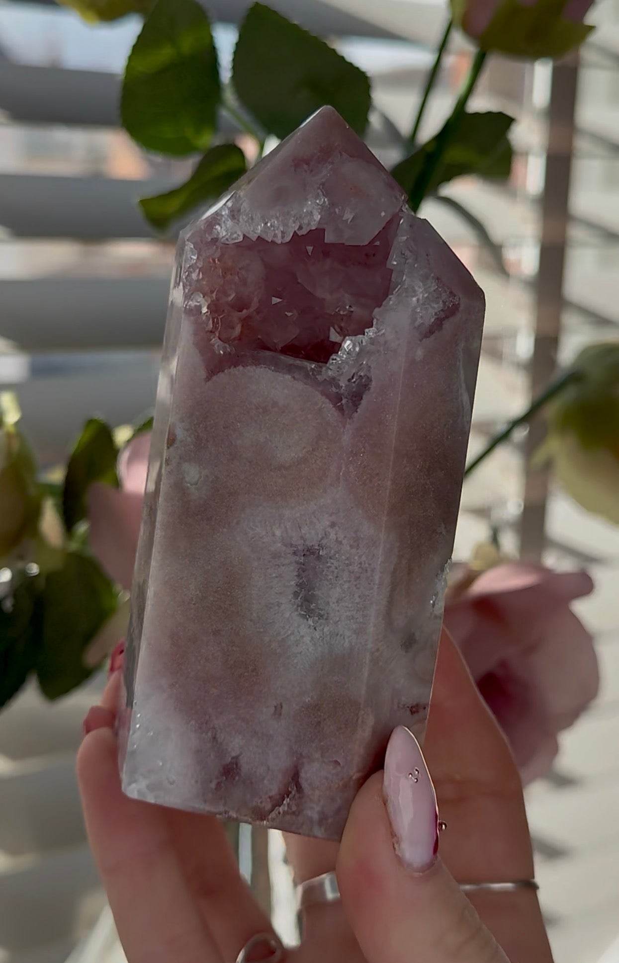 Pink amethyst tower with quartz 12cm(h) 6cm(w)