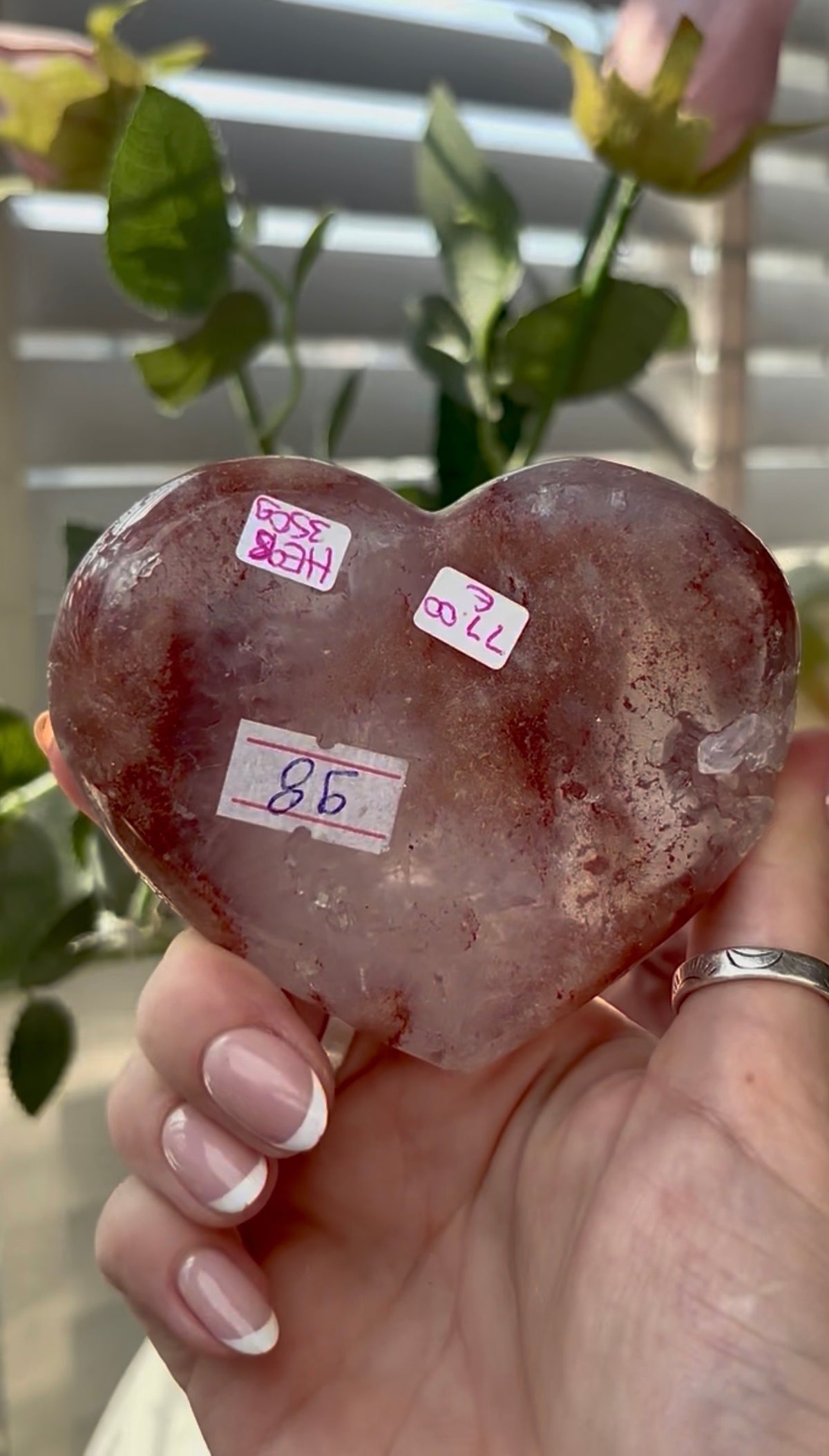 Gorgeous, berry red & pink amethyst heart with quartz - comes with stand