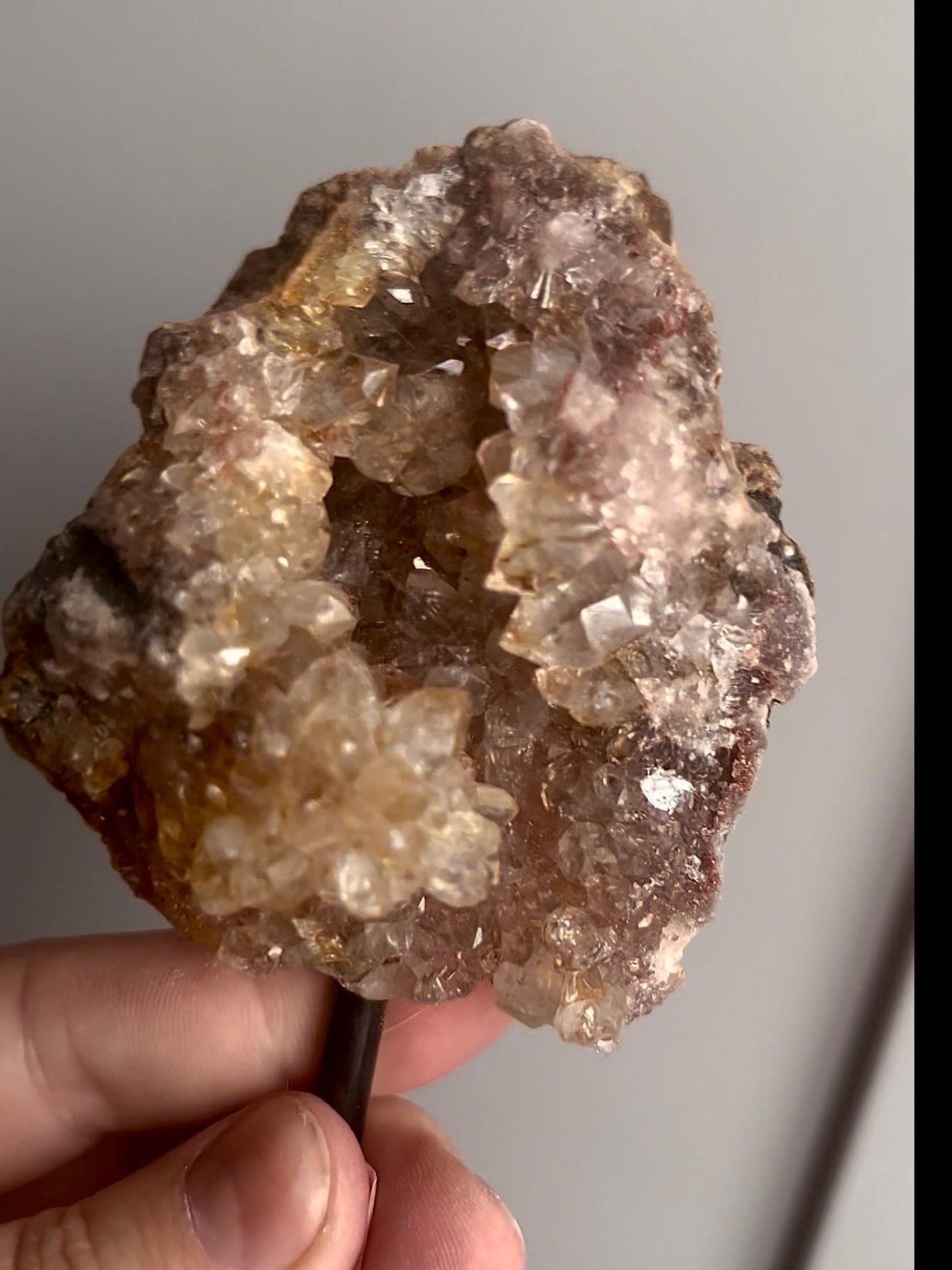 High grade, pink amethyst geode on stand quartz teeth