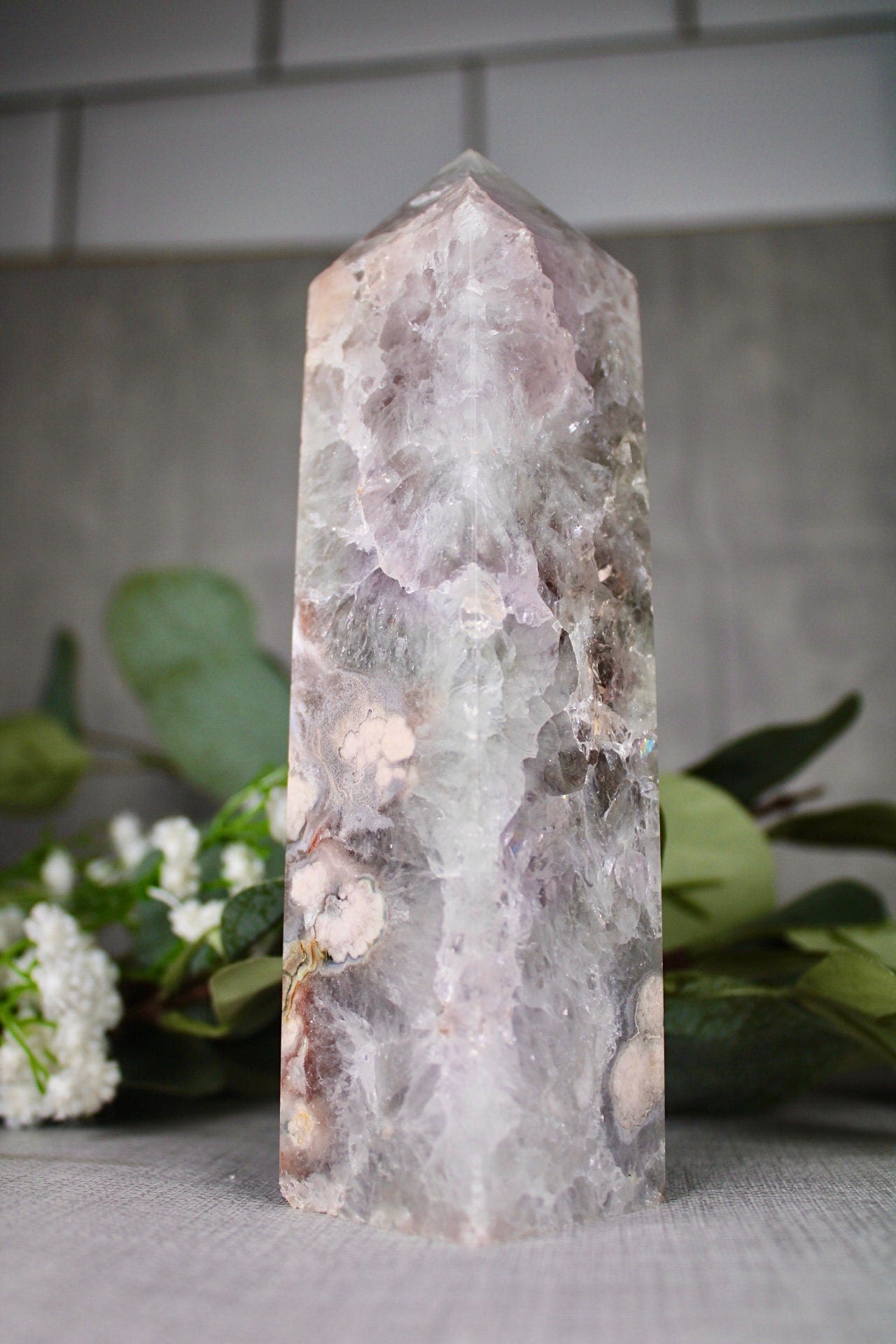 Green chlorite x flower agate tower 635g 16.5cm (H) 4.5cm (W)