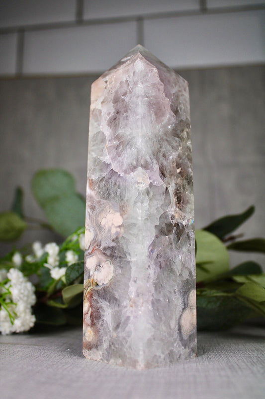 Green chlorite x flower agate tower 635g 16.5cm (H) 4.5cm (W)