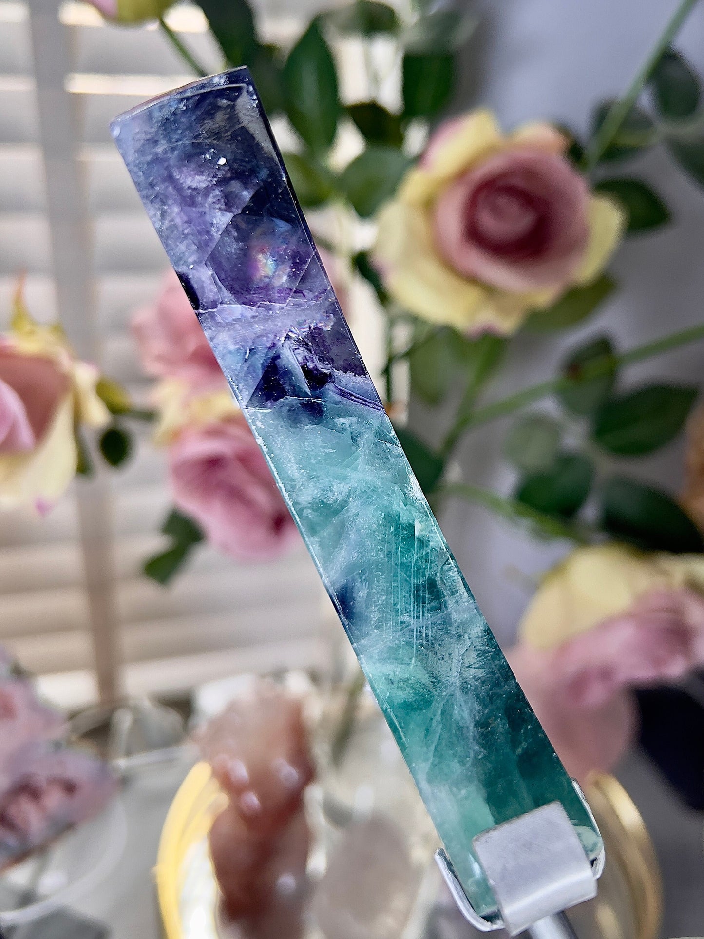 High grade, fluorite moon on silver custom stand