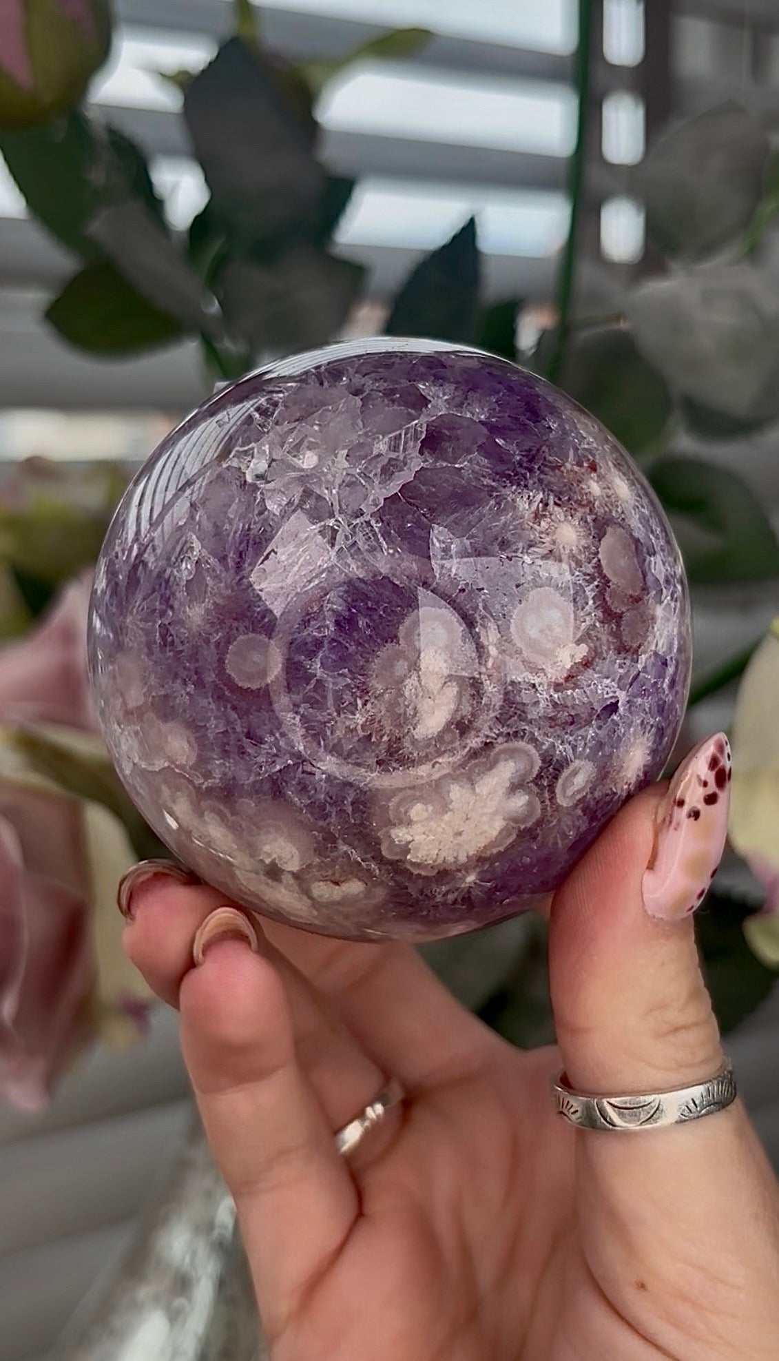 High grade, Amethyst Flower agate sphere 7.5cm 585g