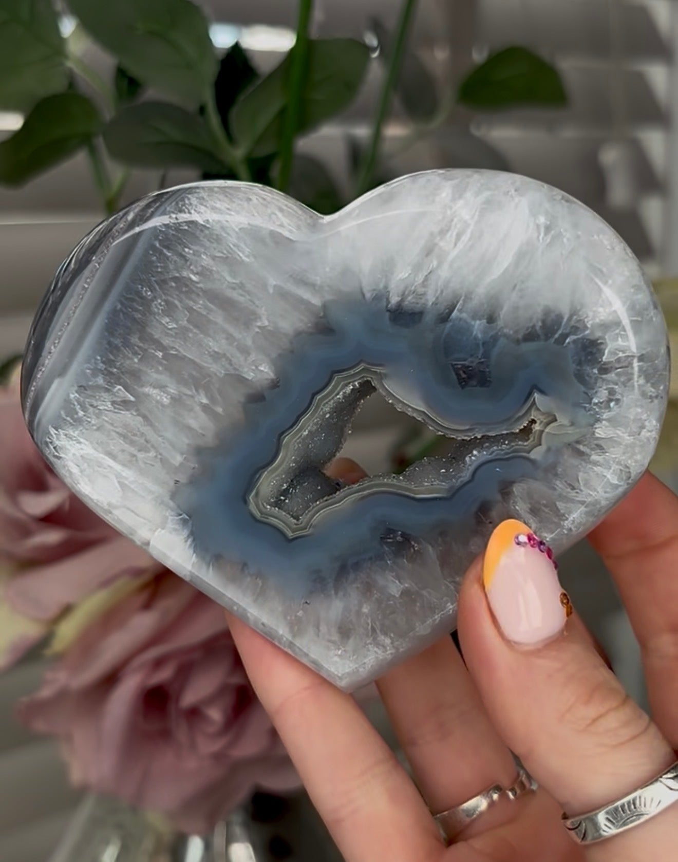 Beautiful, high quality, blue banded agate heart with druzy - stand included