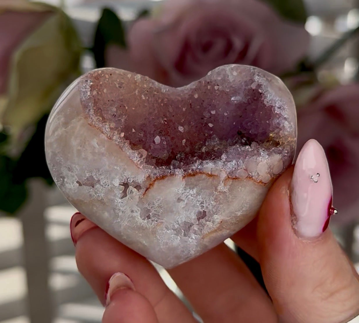 Hq mini pink amethyst heart with druzy - comes with stand
