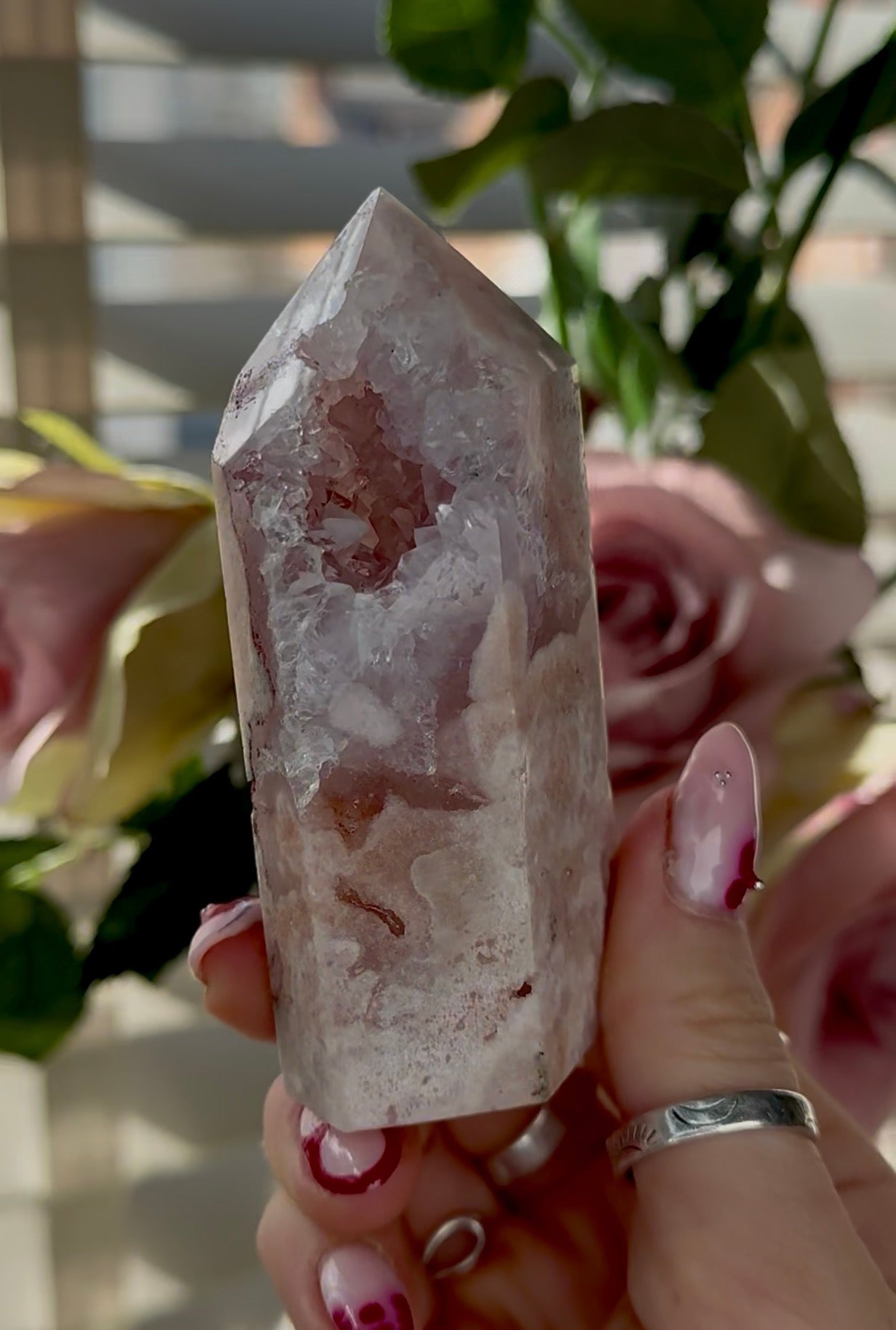Pink amethyst tower with quartz 9.5cm(h) 4.5cm(w)