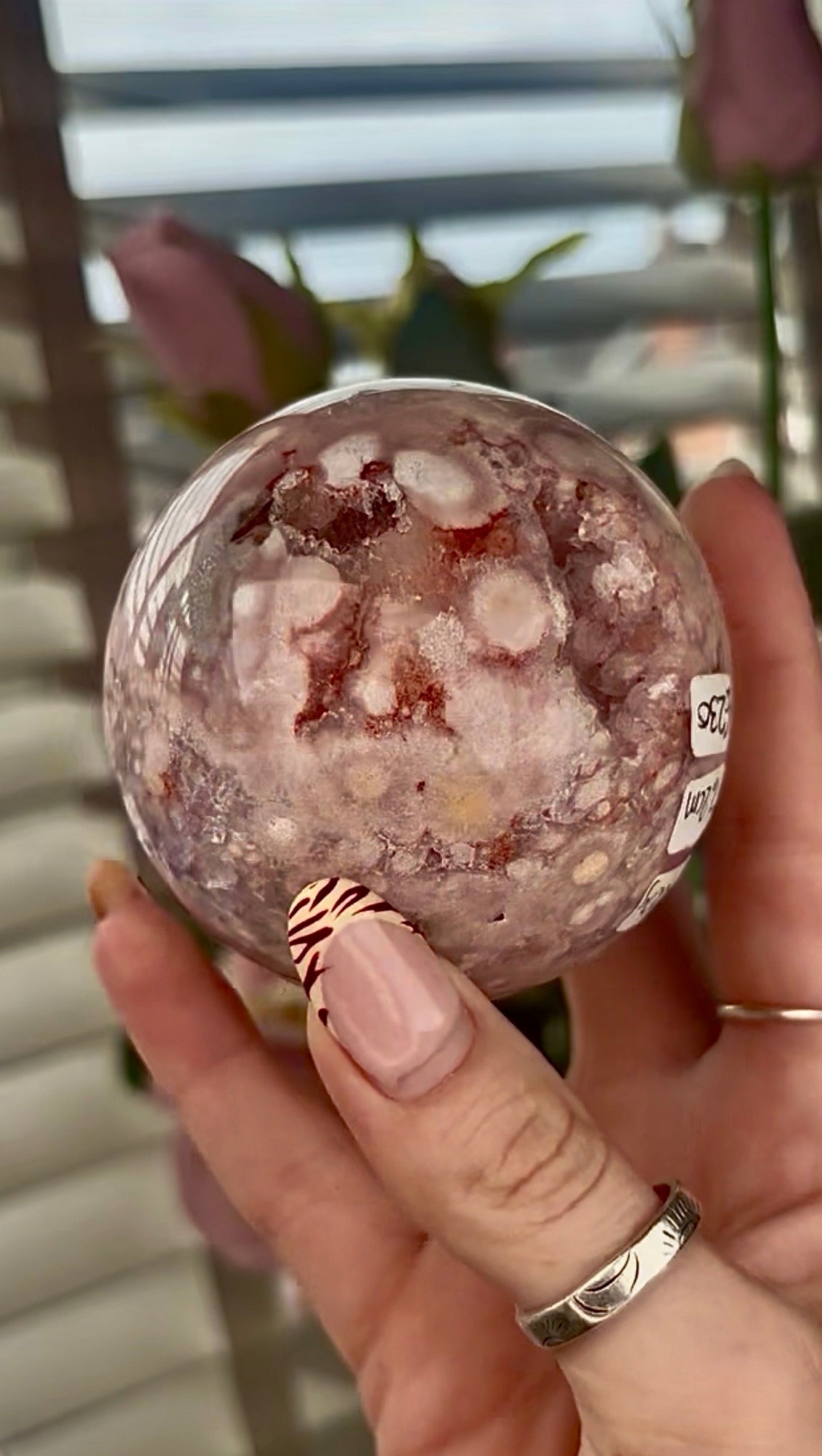 High grade, amethyst Flower agate sphere with druzy quartz- 7.2cm wide