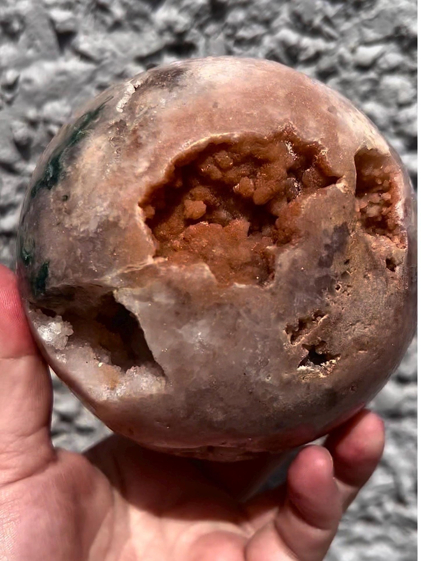 large, statement, pink amethyst sphere, with sugar druzy and jasper 1.626kg