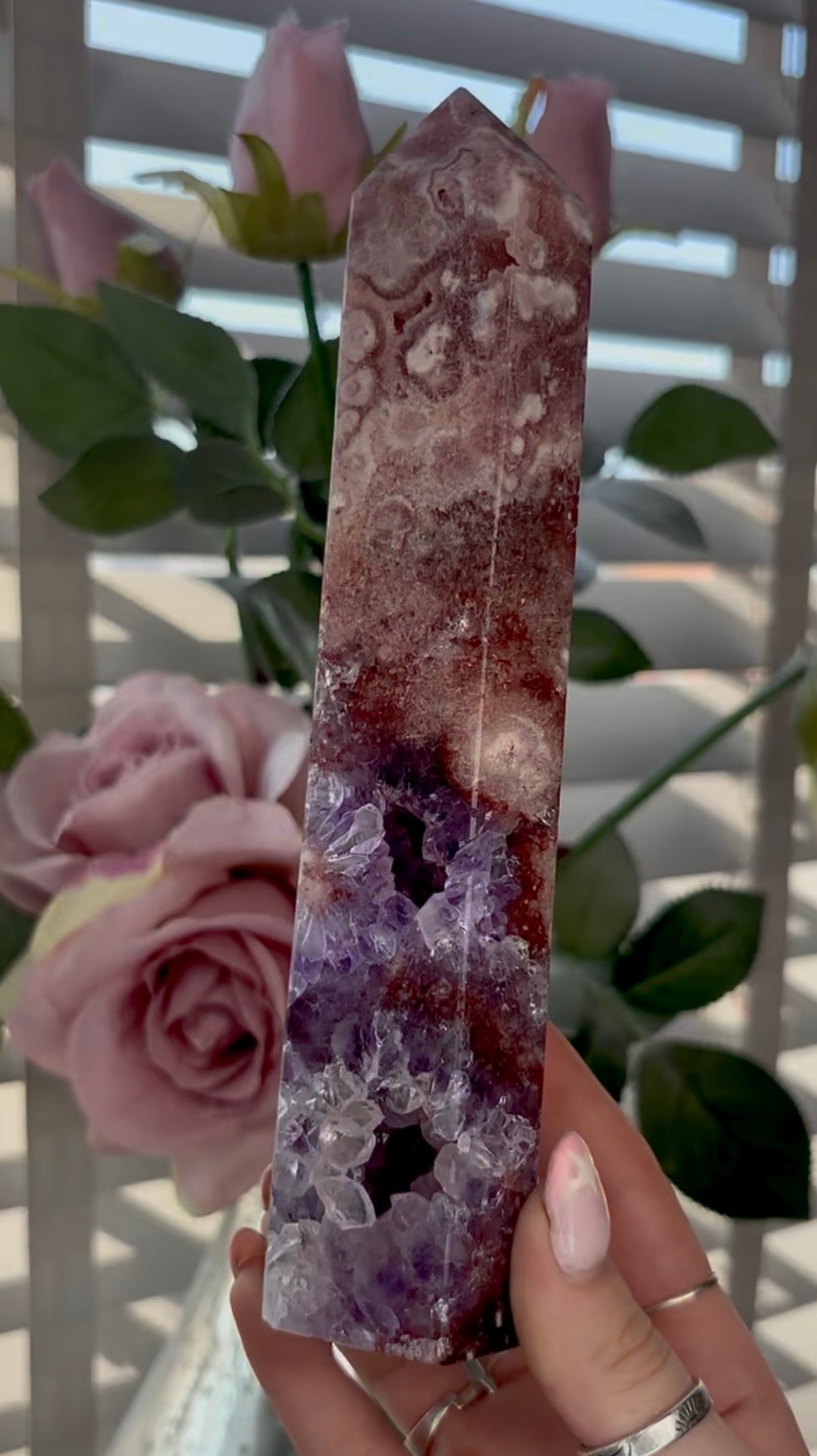 Beautiful, high quality, tall, Pink amethyst tower with purple quartz & red hematite - 20cm