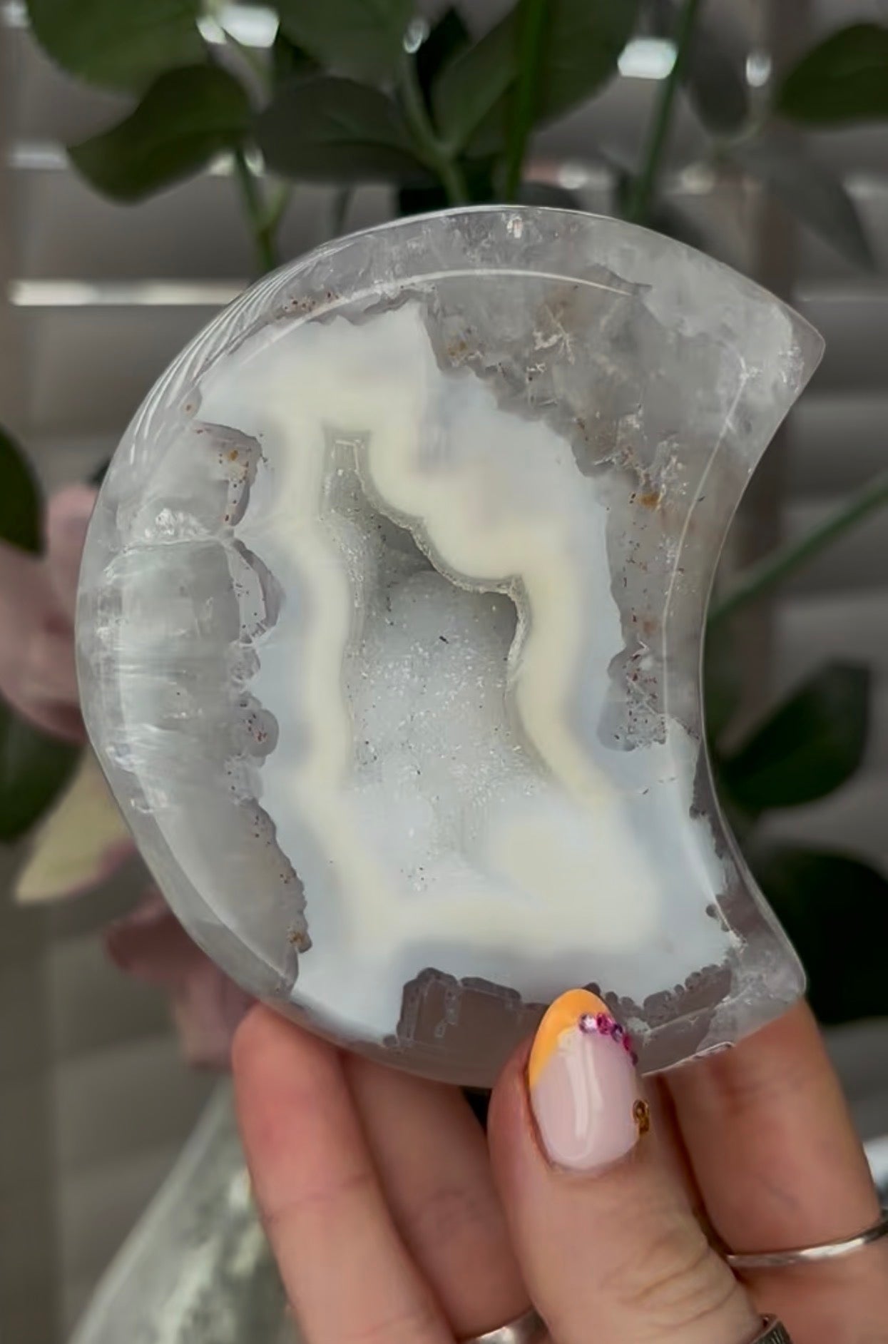 Beautiful, high grade, agate moon with druzy - comes with stand