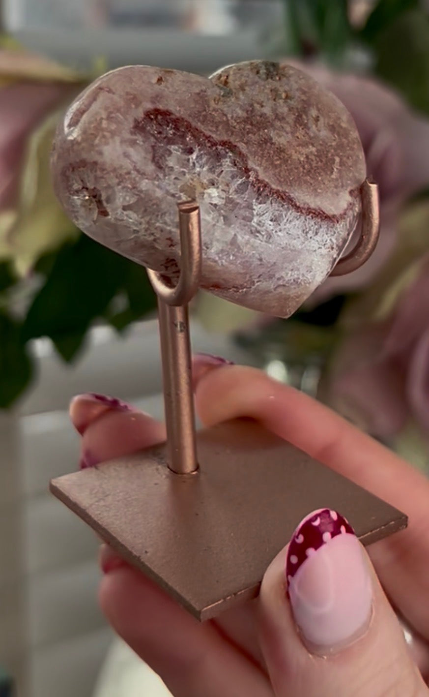 pink amethyst heart with quartz - comes with stand