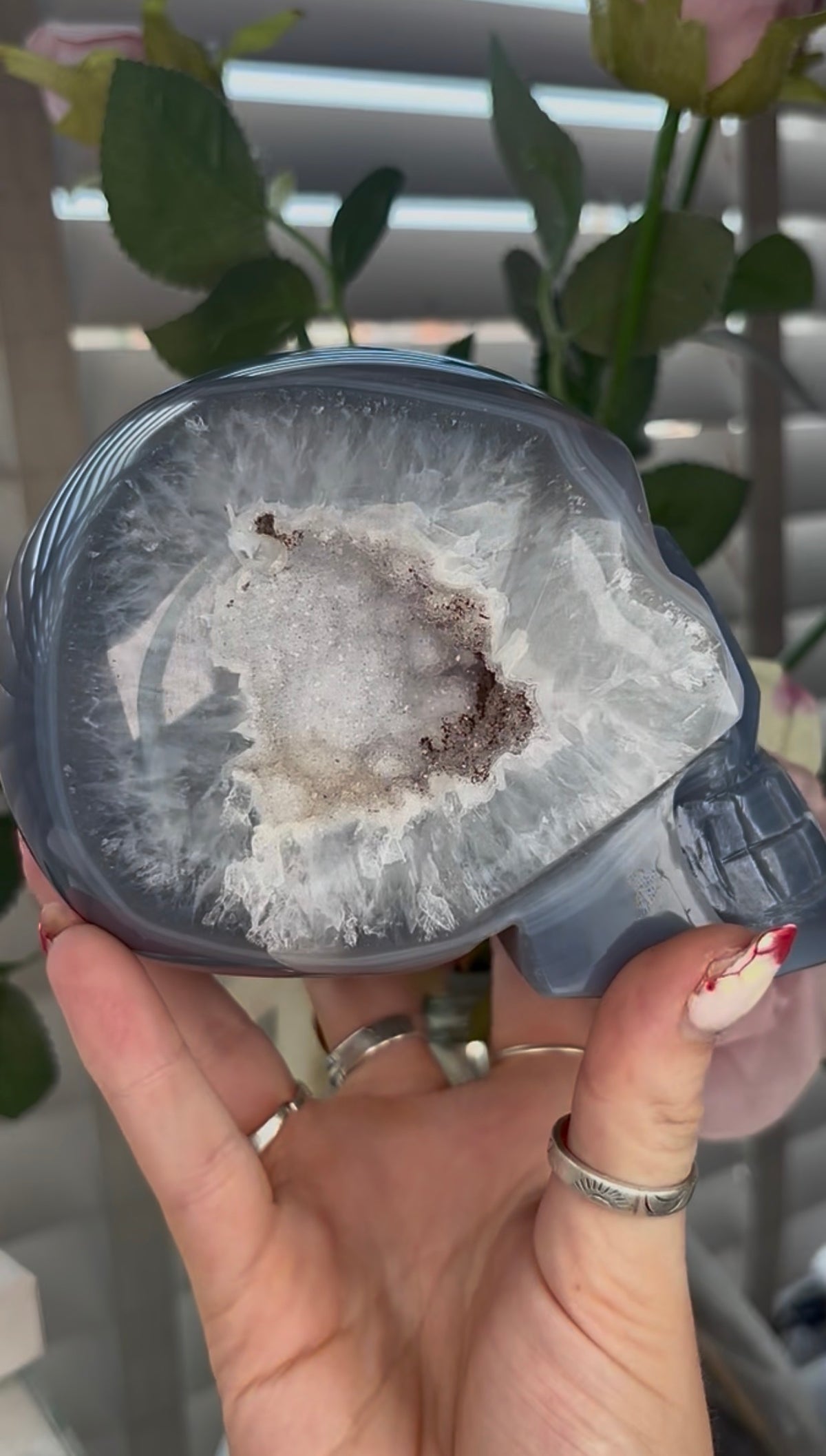 Beautiful, blue banded, amethyst agate, skull with incredible druzy