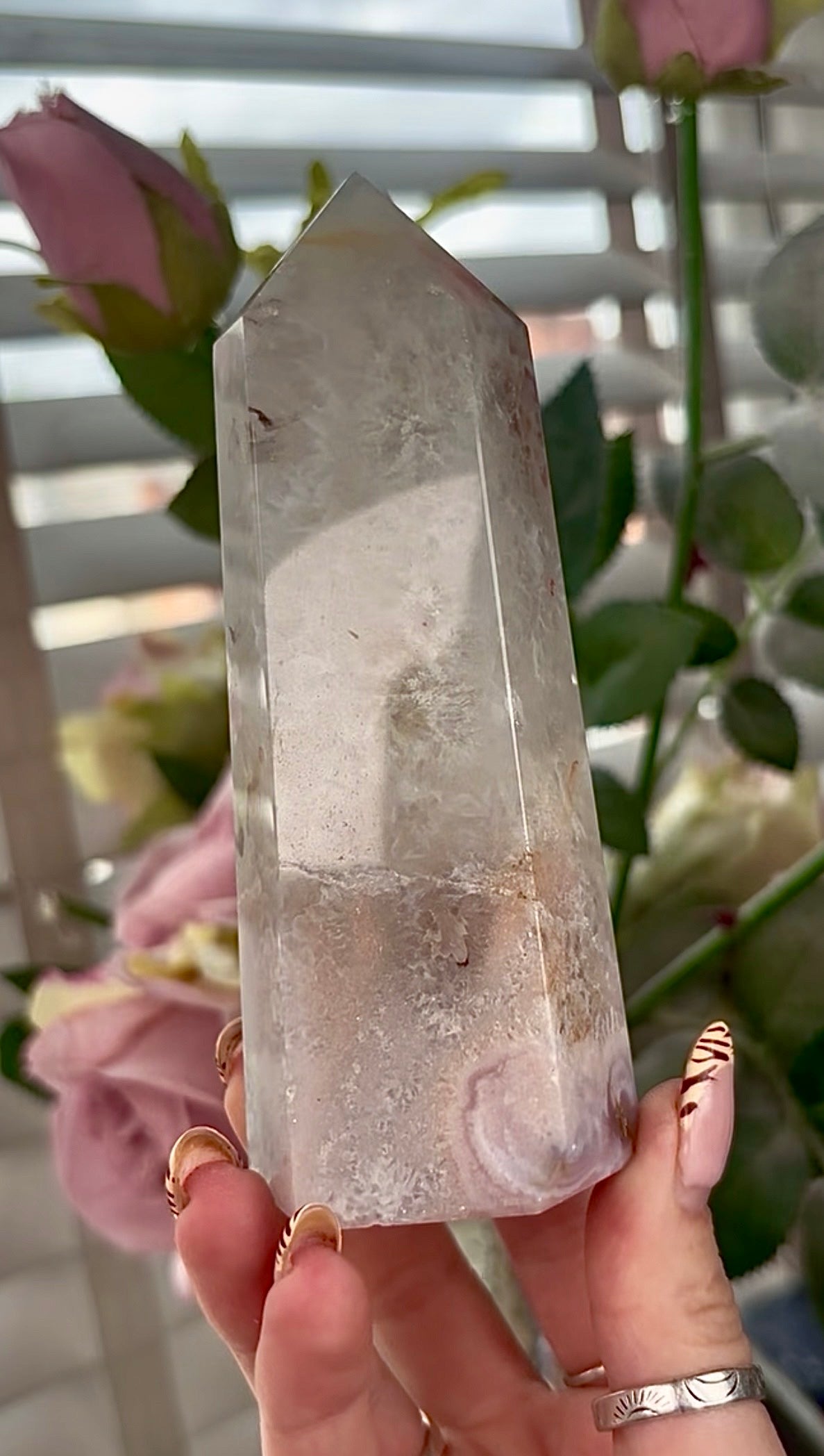 Stunning!! Super high quality, Druzy, green chlorite x blue flower agate tower