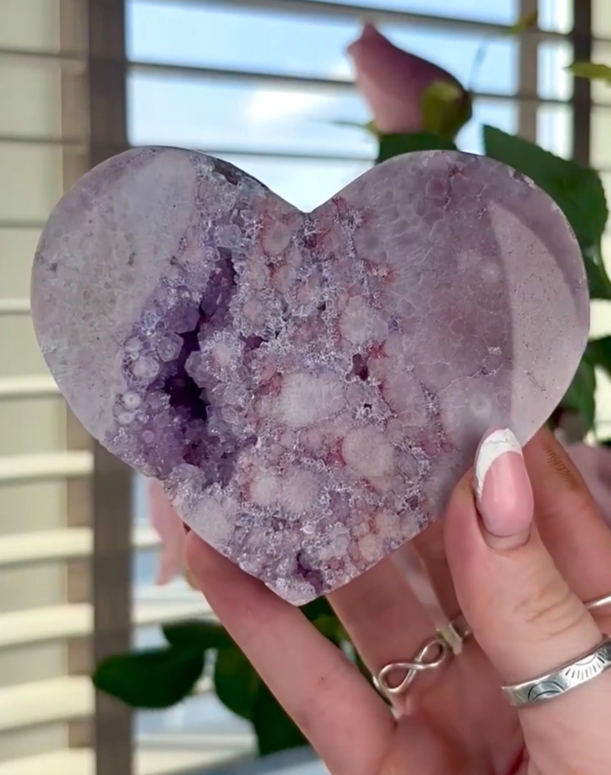 High quality pink amethyst heart with quartz - comes with stand