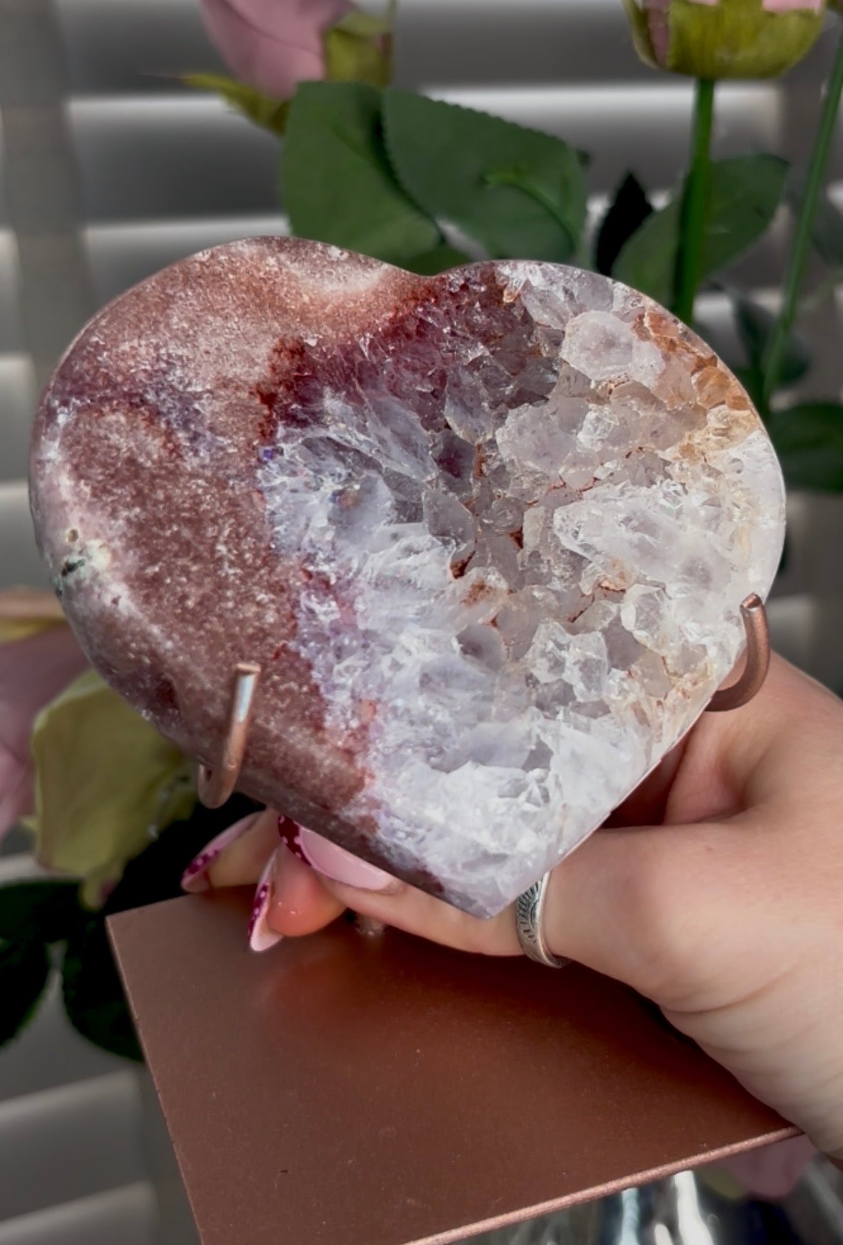 pink amethyst heart with quartz Druze- comes with stand