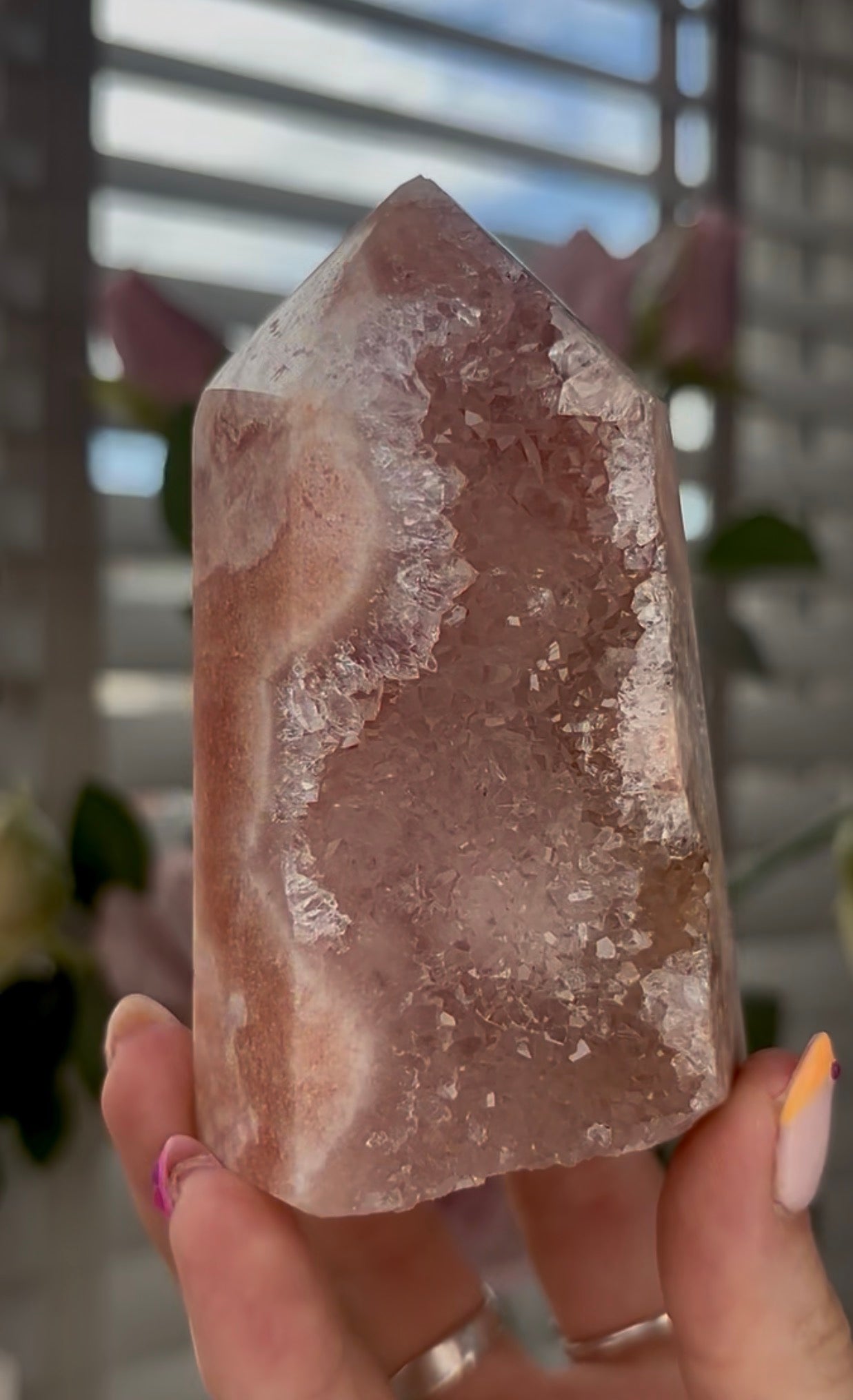 Beautiful, high quality, Pink amethyst tower in peach tone