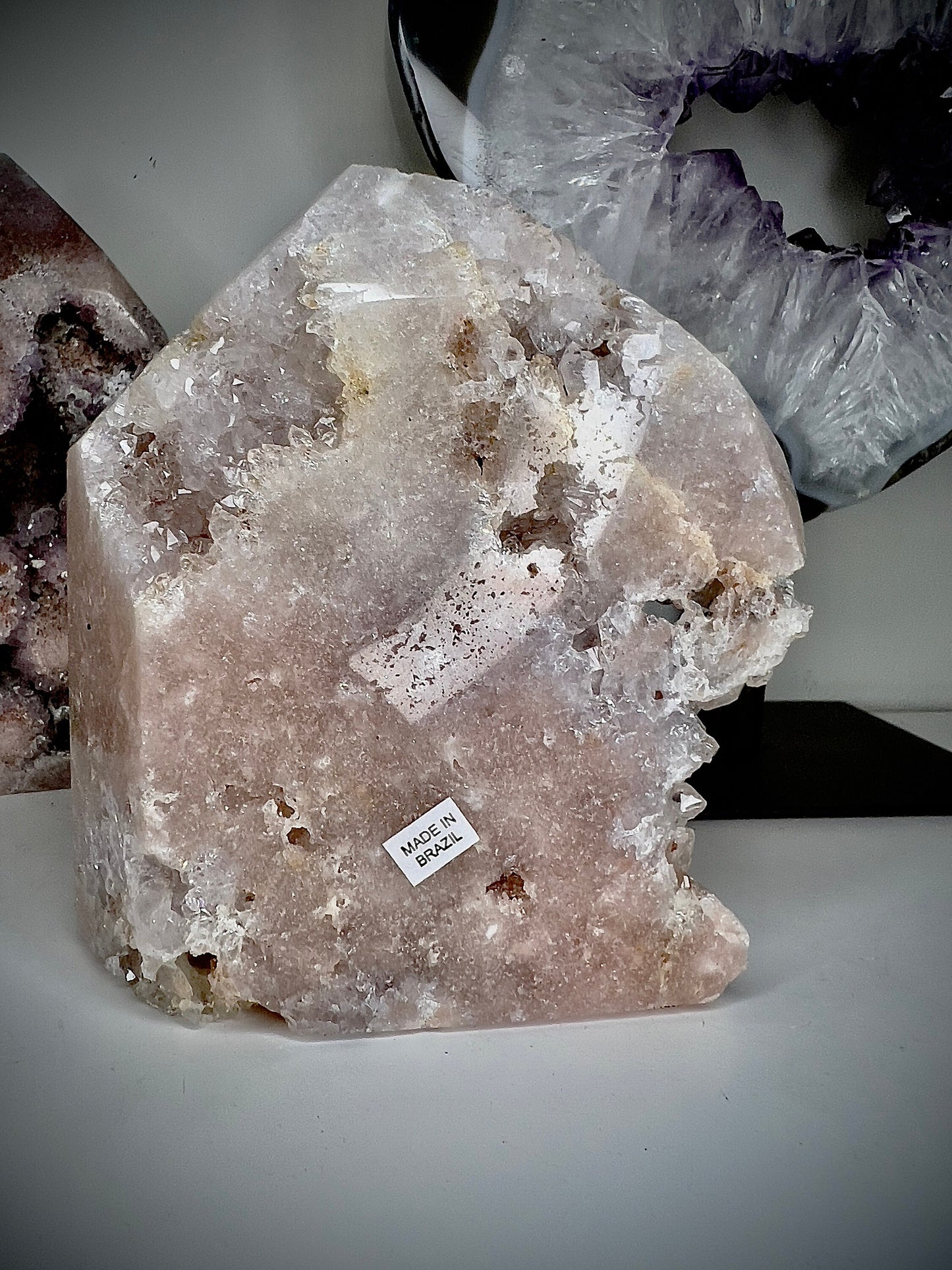 Pink amethyst point/tower from Brazil  with lots of druzy quartz 505g 11cm (h) 9.5 (w)