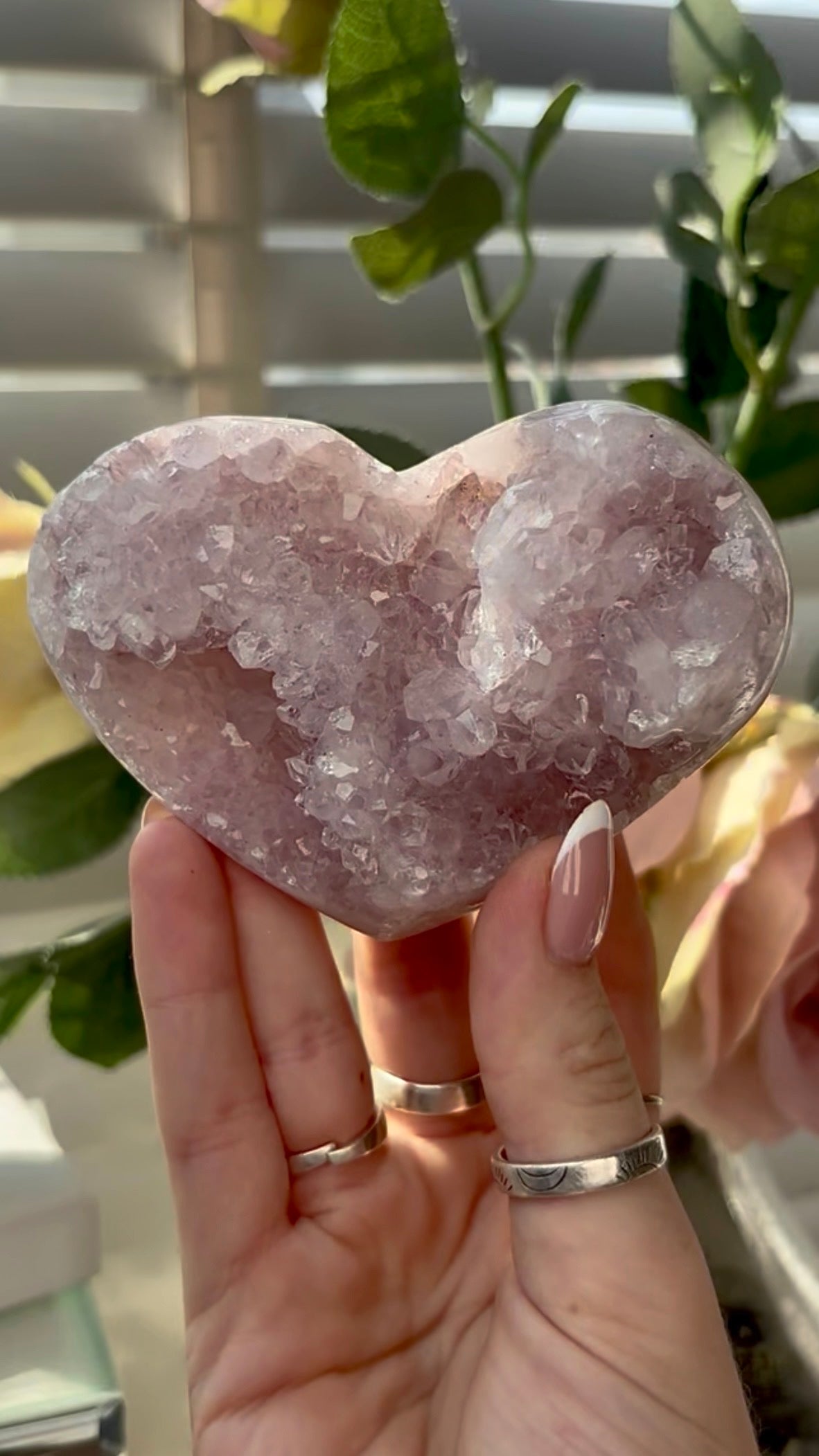Gorgeous,  druzy pink amethyst heart- comes with stand