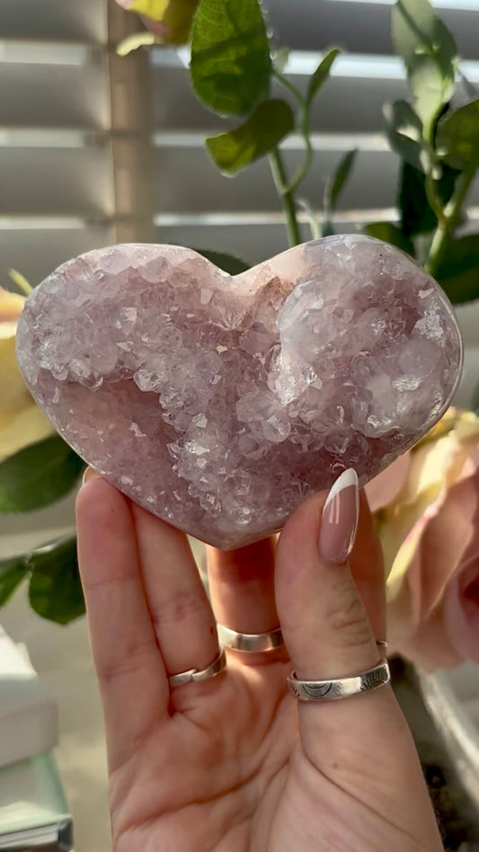 Gorgeous,  druzy pink amethyst heart- comes with stand