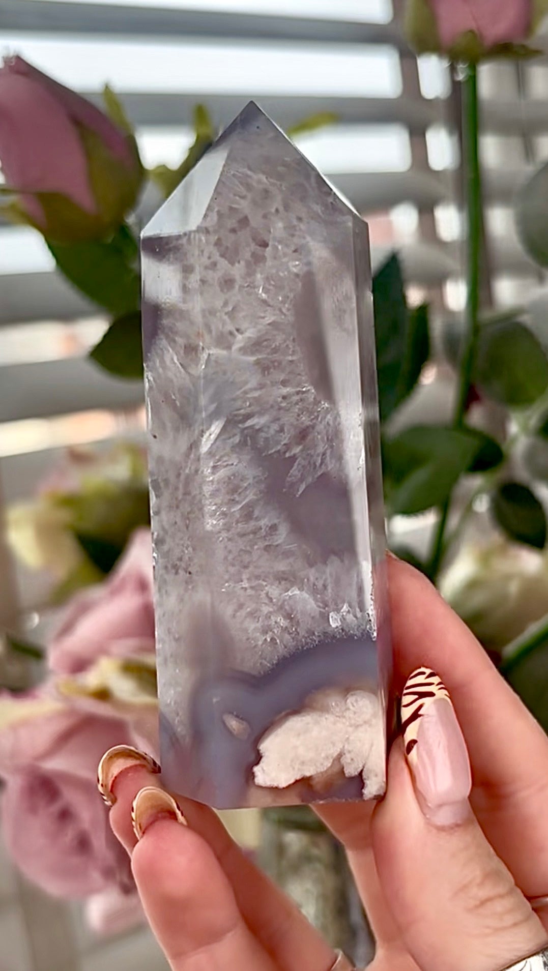 Stunning!! Super high quality, Druzy, green chlorite x blue flower agate tower