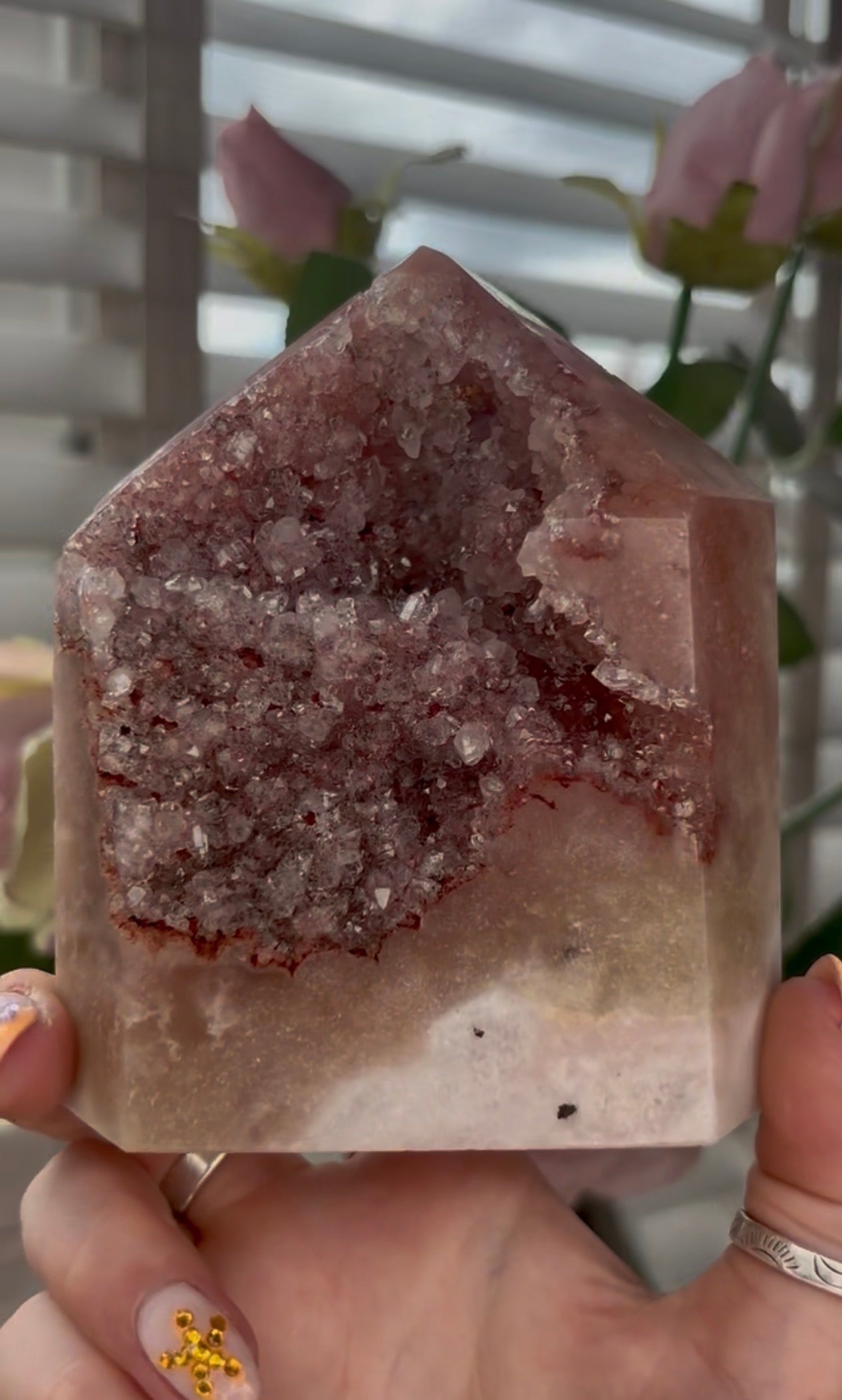 Pretty, high grade, Pink amethyst tower with gorgeous Druzy in burnt orange tones