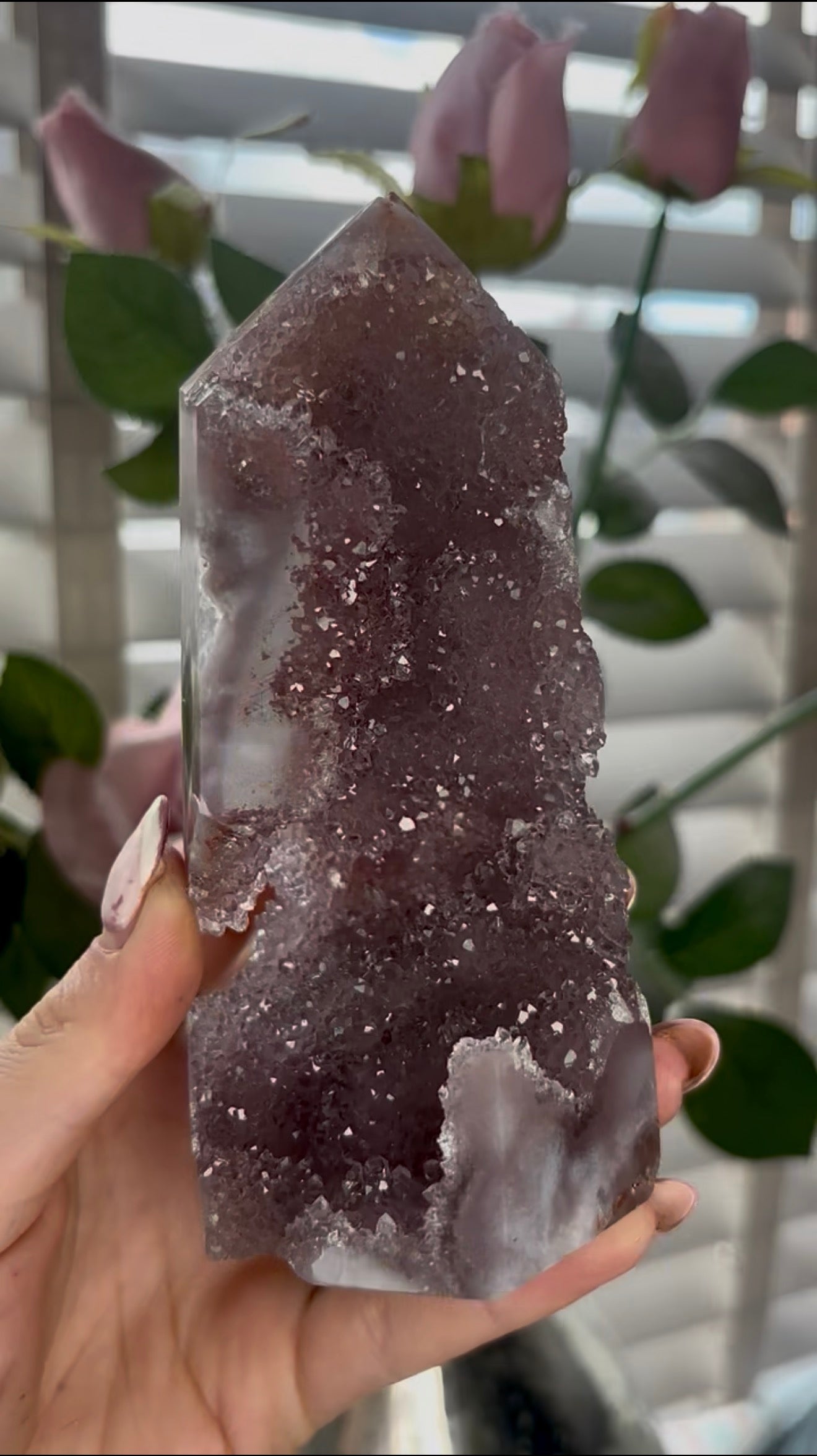 Beautiful, high quality, Pink amethyst tower in lilac tones with sugar druzy