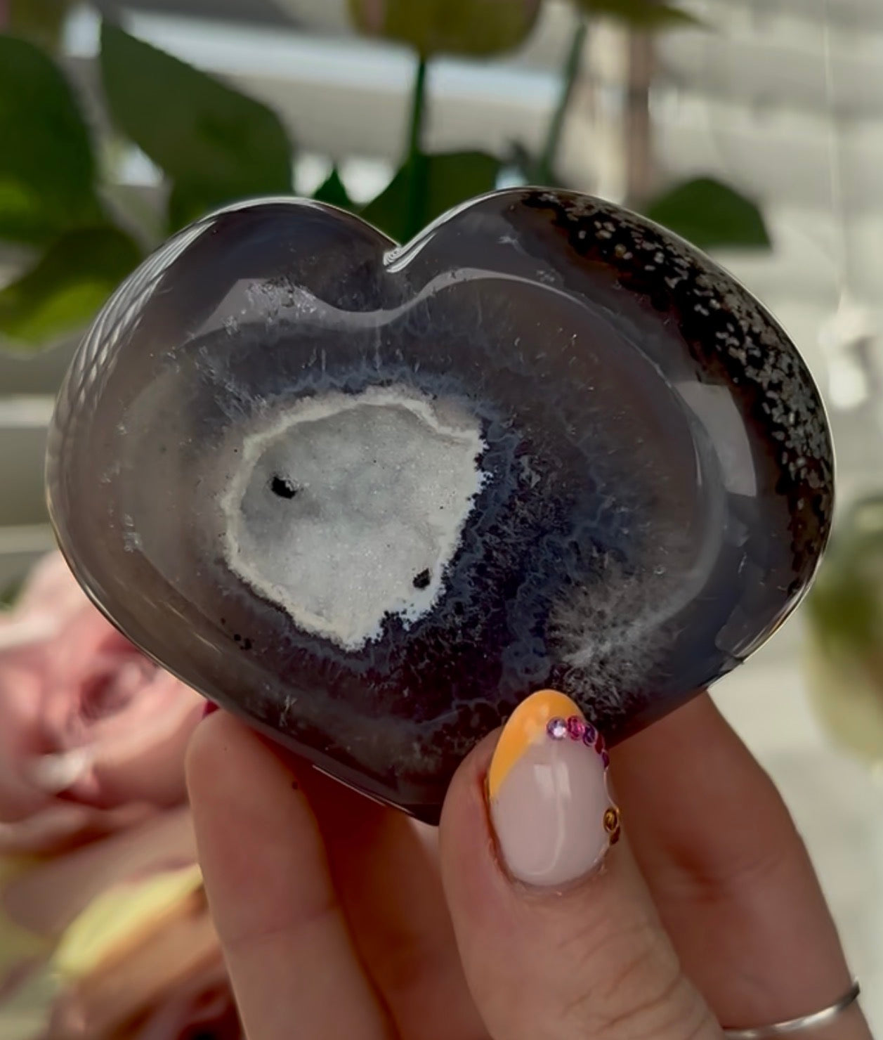 Beautiful, high quality, blue agate heart  with sugar druzy - stand included