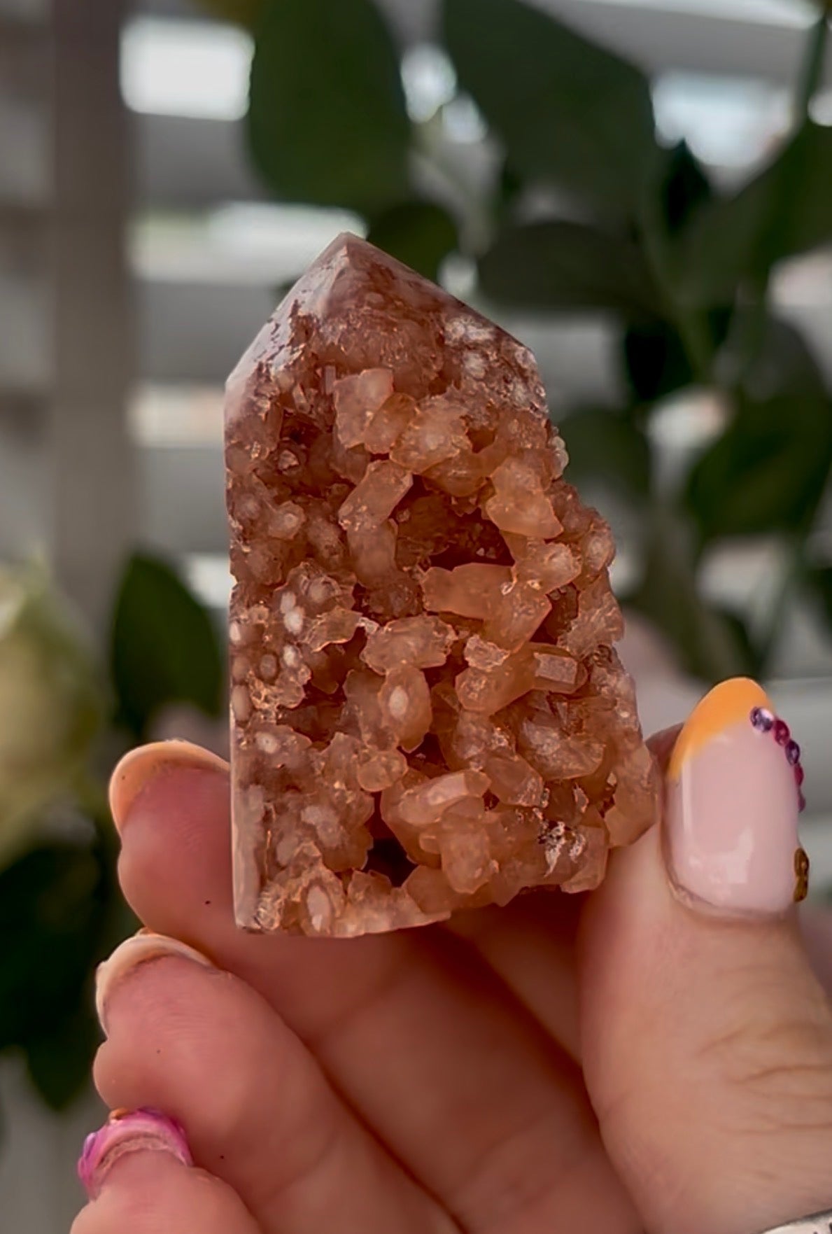 Mini, Pink amethyst tower in burnt orange tones with chewing gum druzy