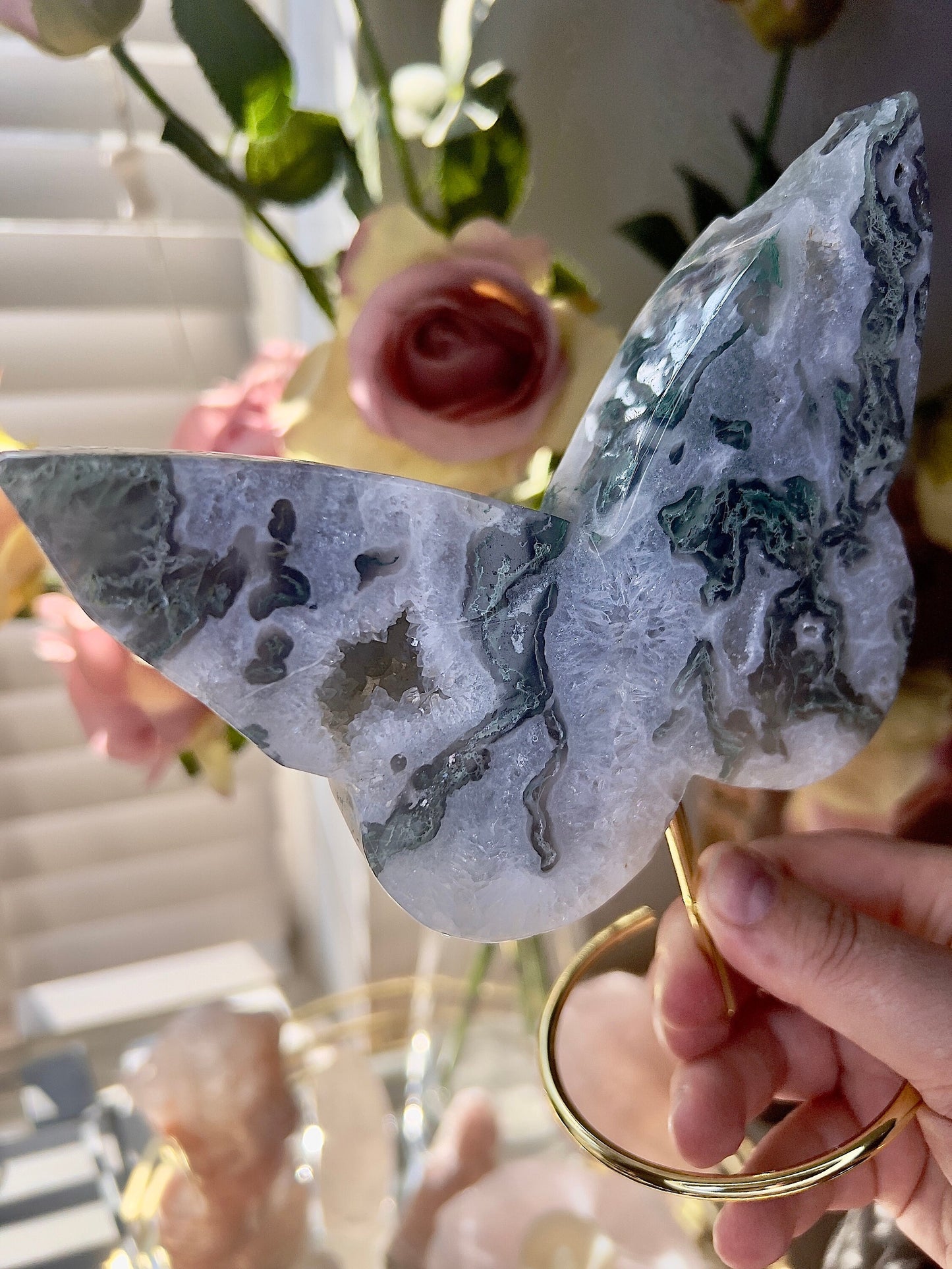 High grade, moss agate butterfly with gold pedestal stand