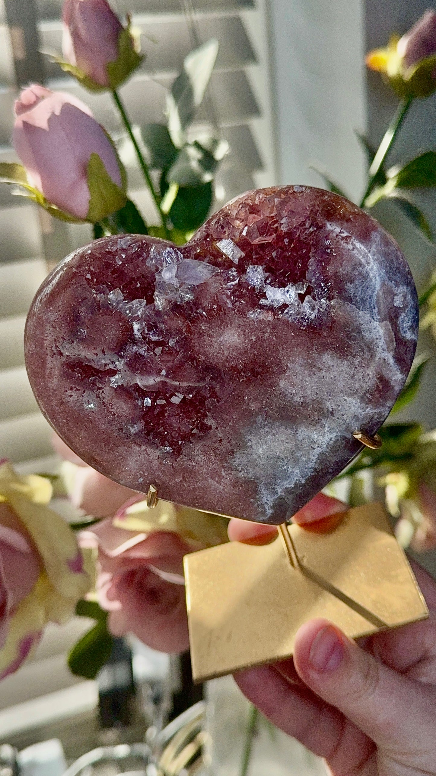Hq pink amethyst heart in red tones - comes with stand