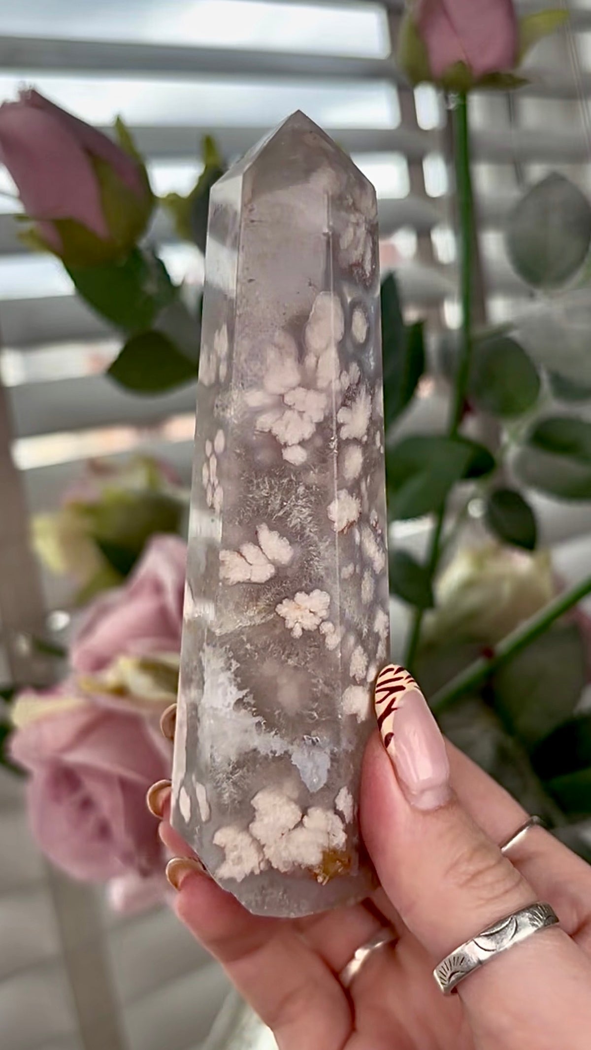 Stunning!! Super high quality, Druzy, green chlorite x blue flower agate tower