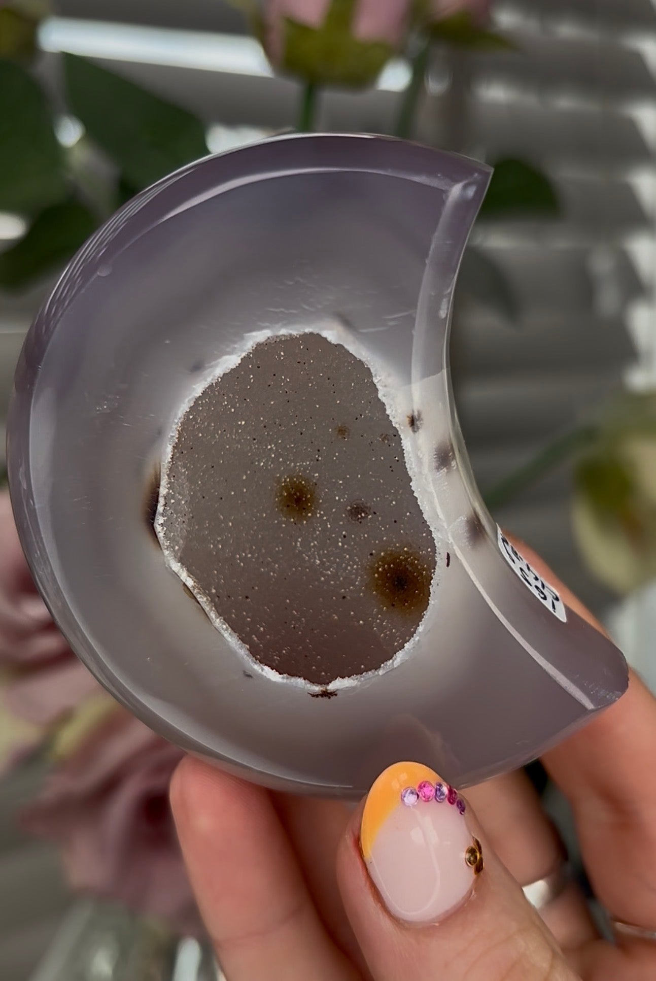 Beautiful, agate moon with druzy - stand included