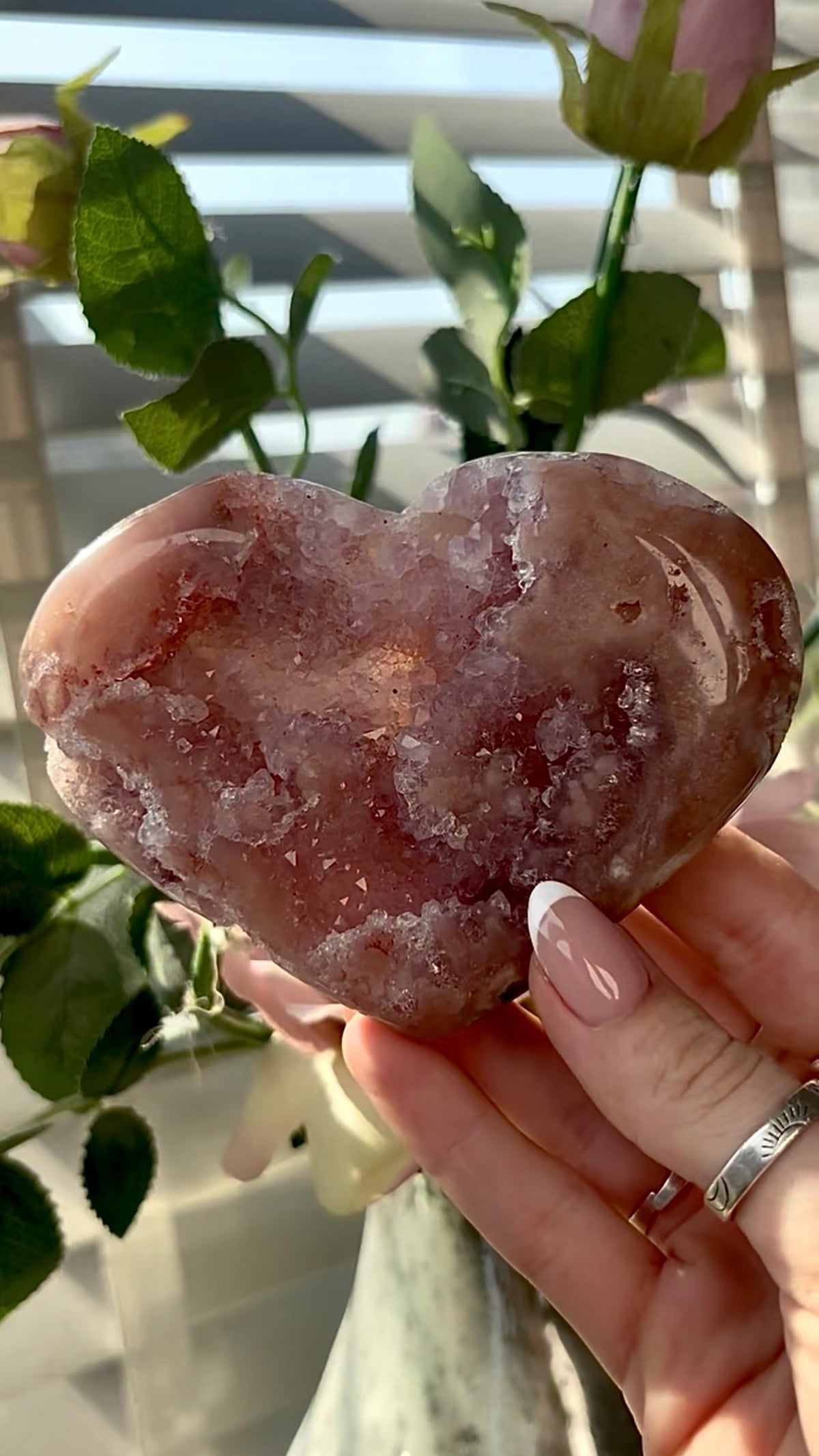Gorgeous, hq, druzy pink amethyst heart- comes with stand