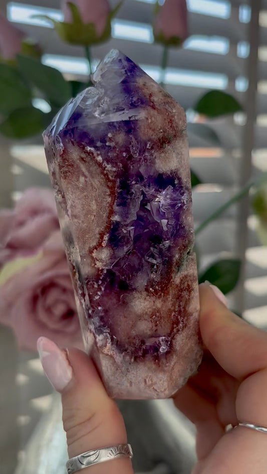 Beautiful, high quality, Pink amethyst tower with red hematite & purple quartz 11.5cm