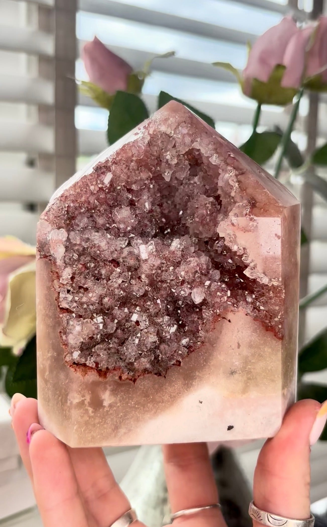 Pretty, high grade, Pink amethyst tower with gorgeous Druzy in burnt orange tones