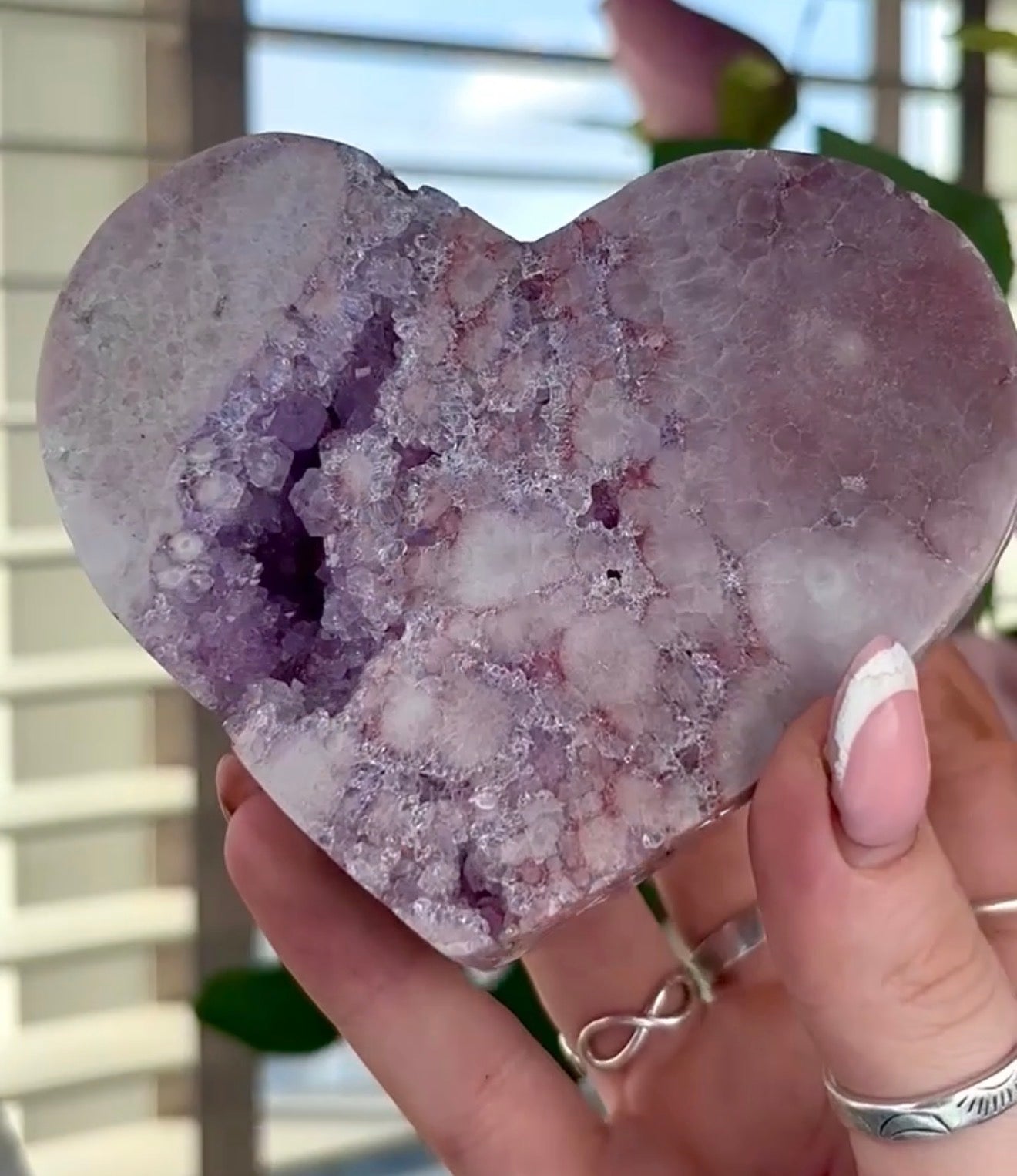High quality pink amethyst heart with quartz - comes with stand