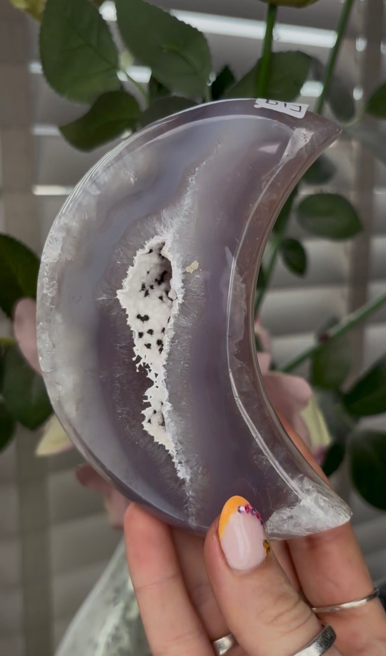 Beautiful, high grade, agate moon with druzy - comes with stand