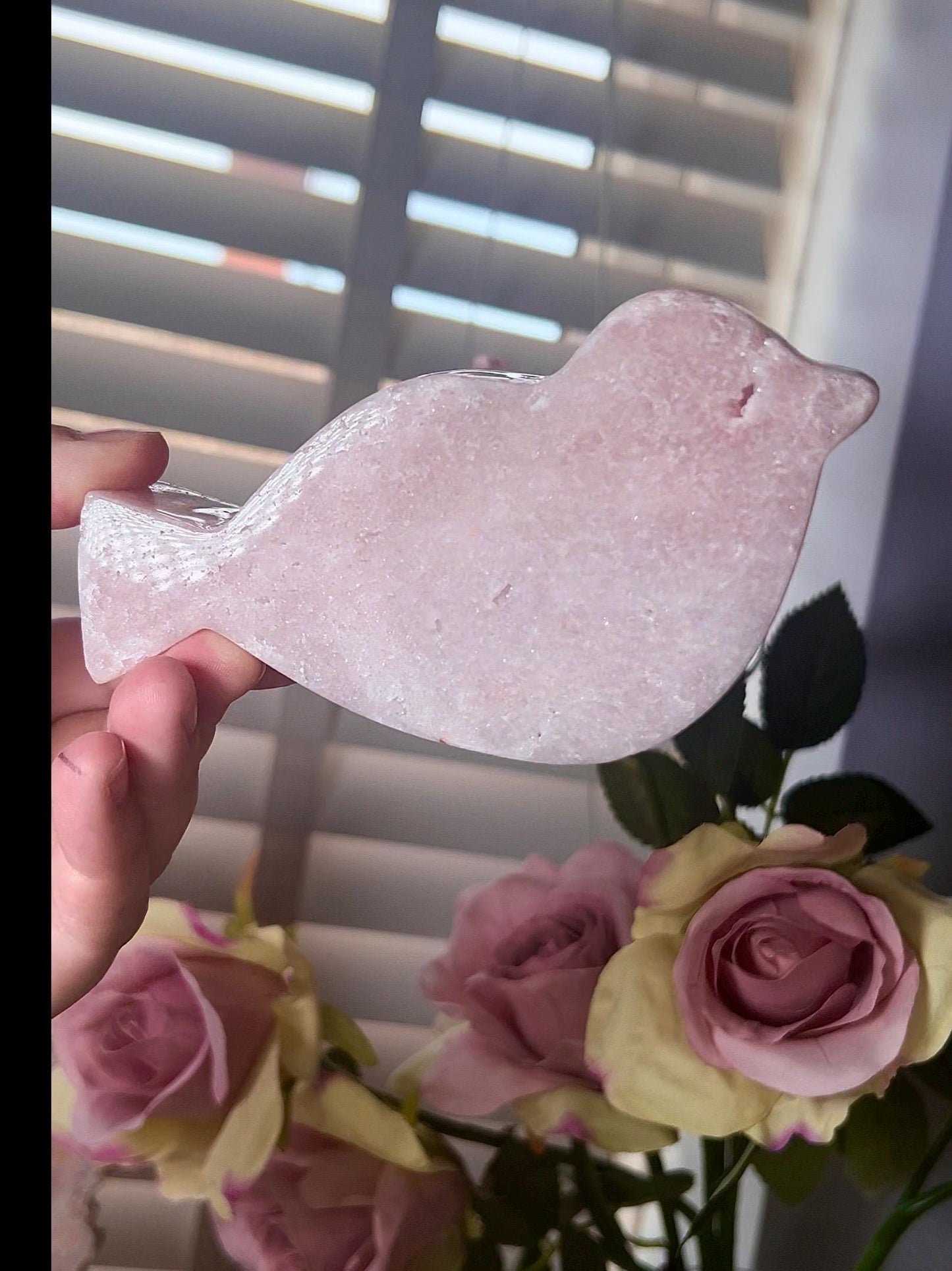 High grade, baby pink amethyst bird carving