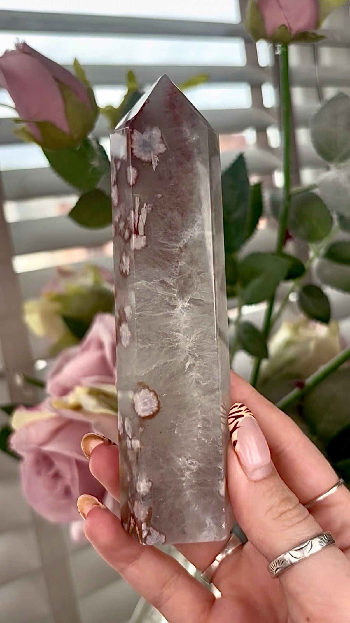 Stunning!! Super high quality, Druzy, green chlorite x blue flower agate tower