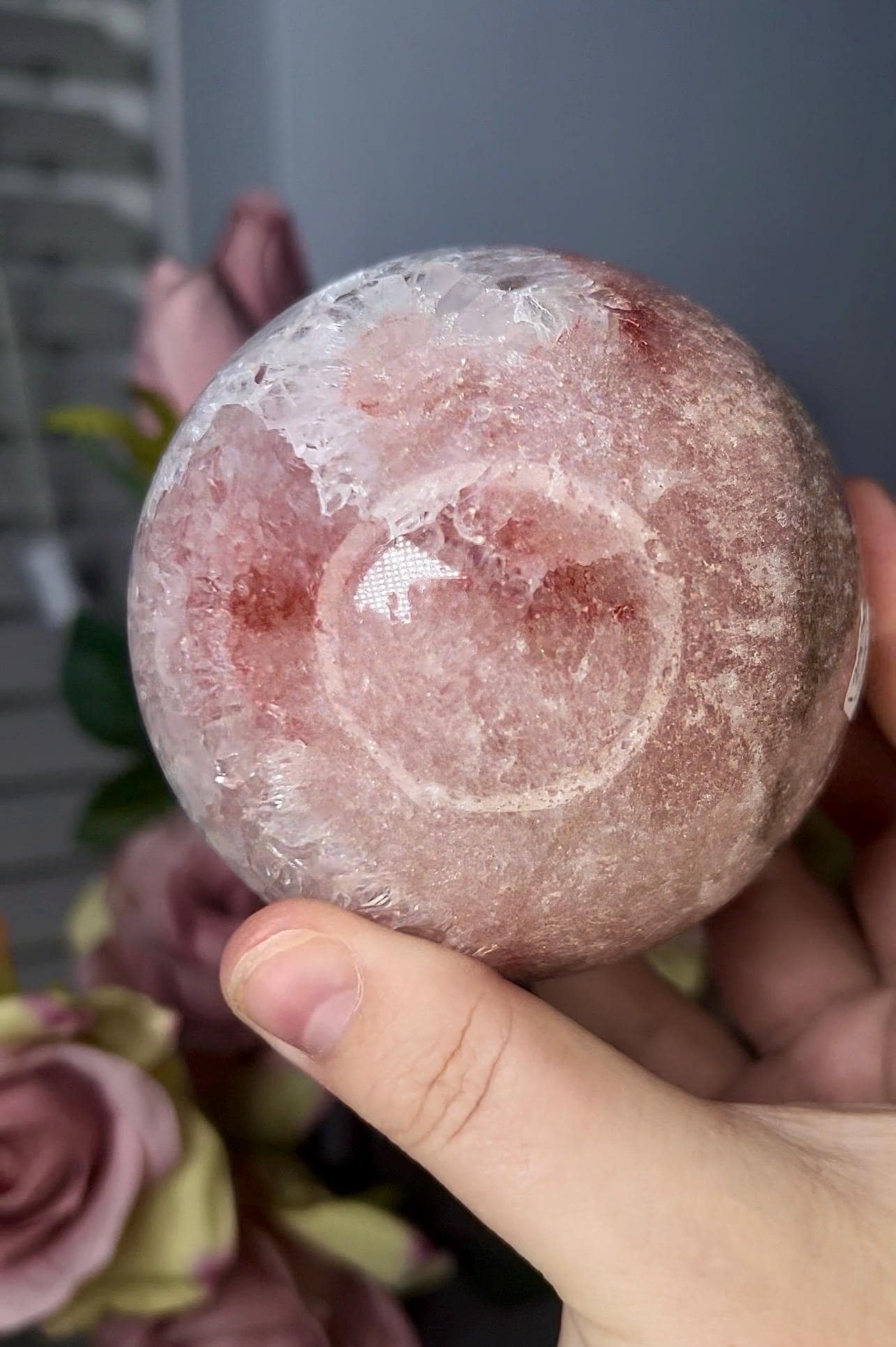 High grade, pink amethyst sphere with quartz and flower formations 928g