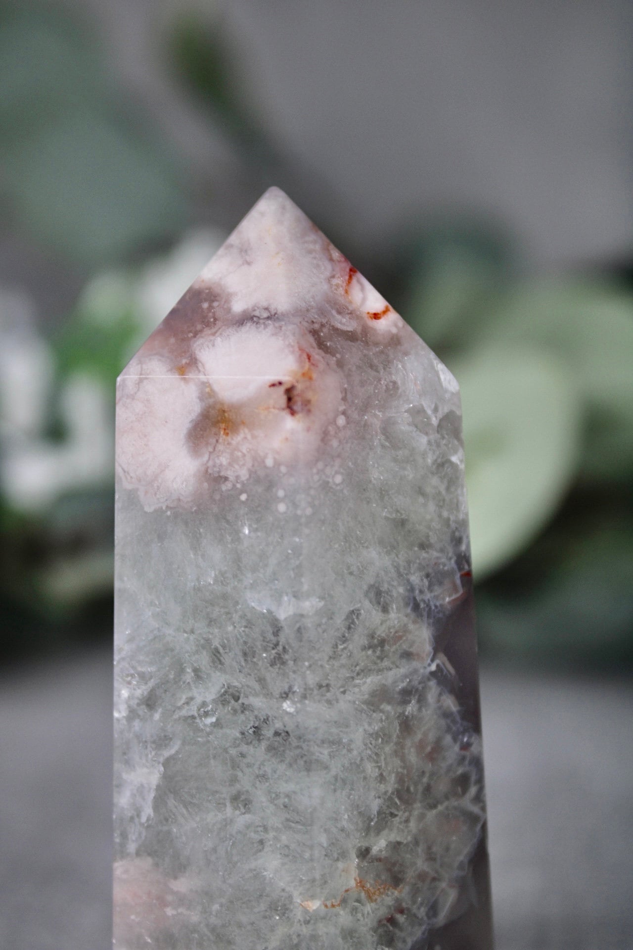 Chlorite flower agate, 6 sided, polished tower 145g 8cm