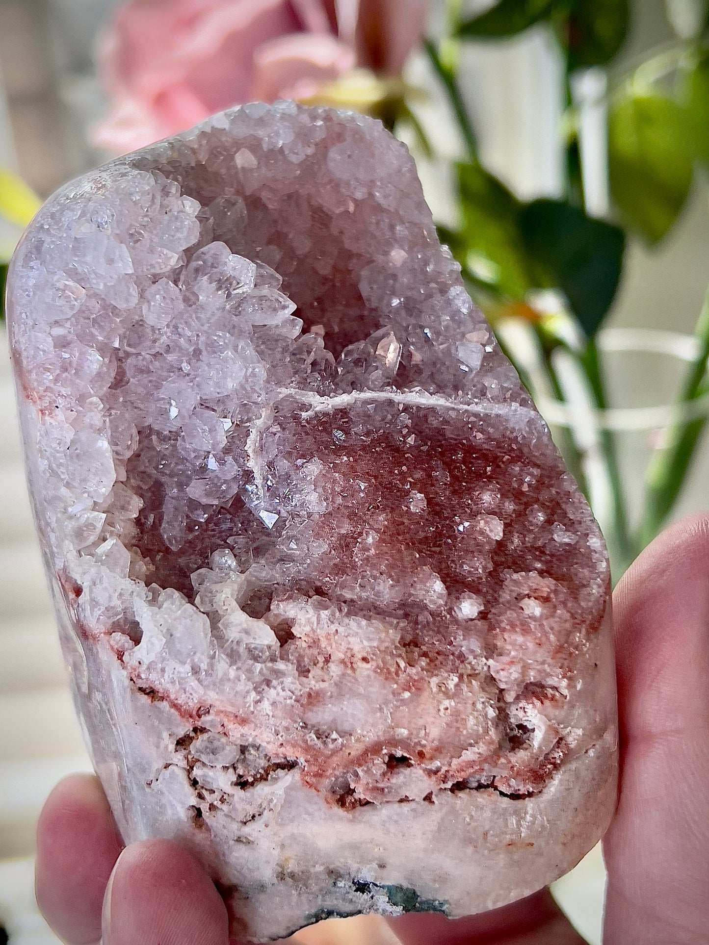 high grade, pink amethyst Freeform with high clarity quartz & red sugar druzy